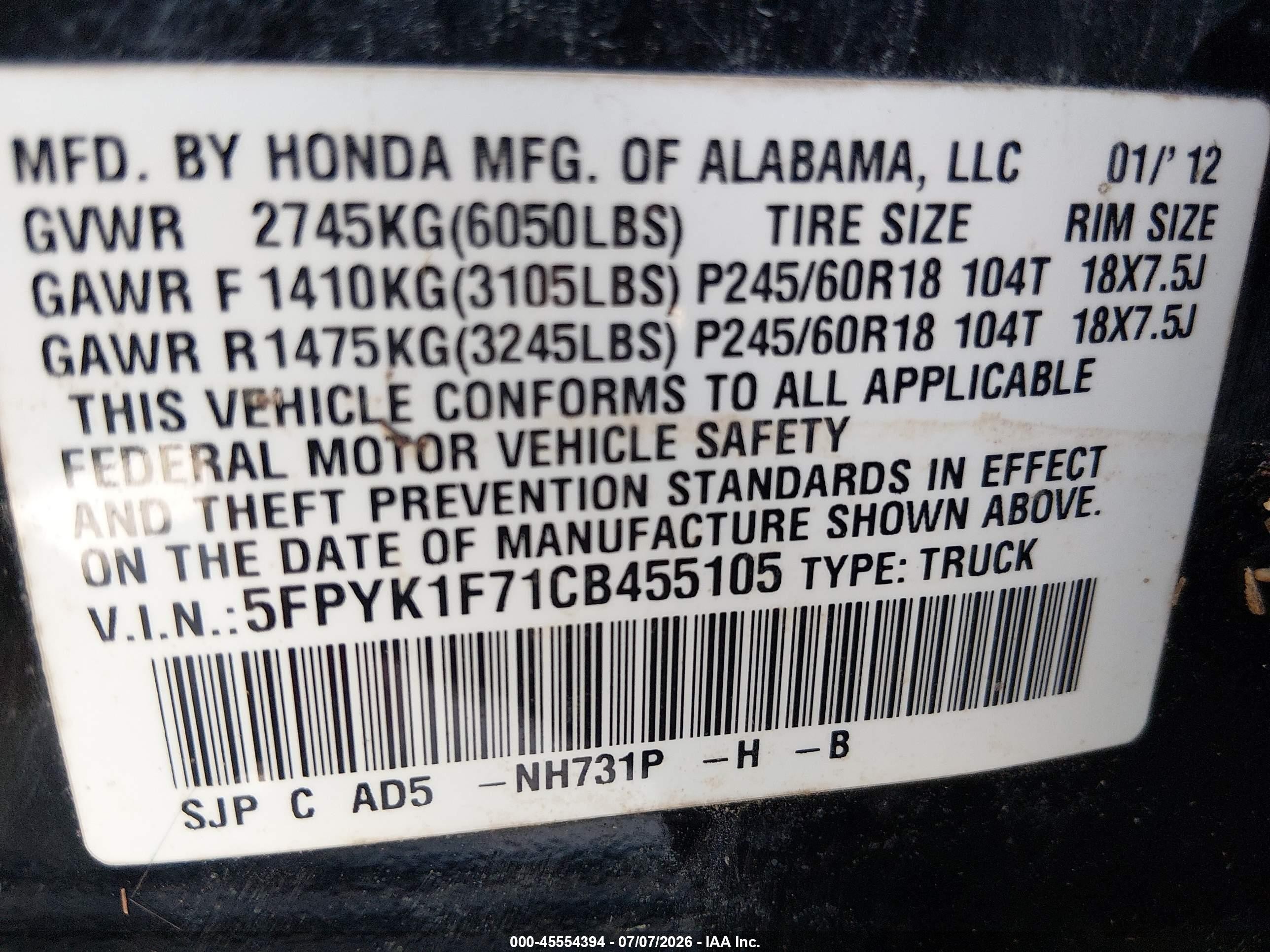 2012 Honda Ridgeline Sport Black vin: 5FPYK1F71CB455105