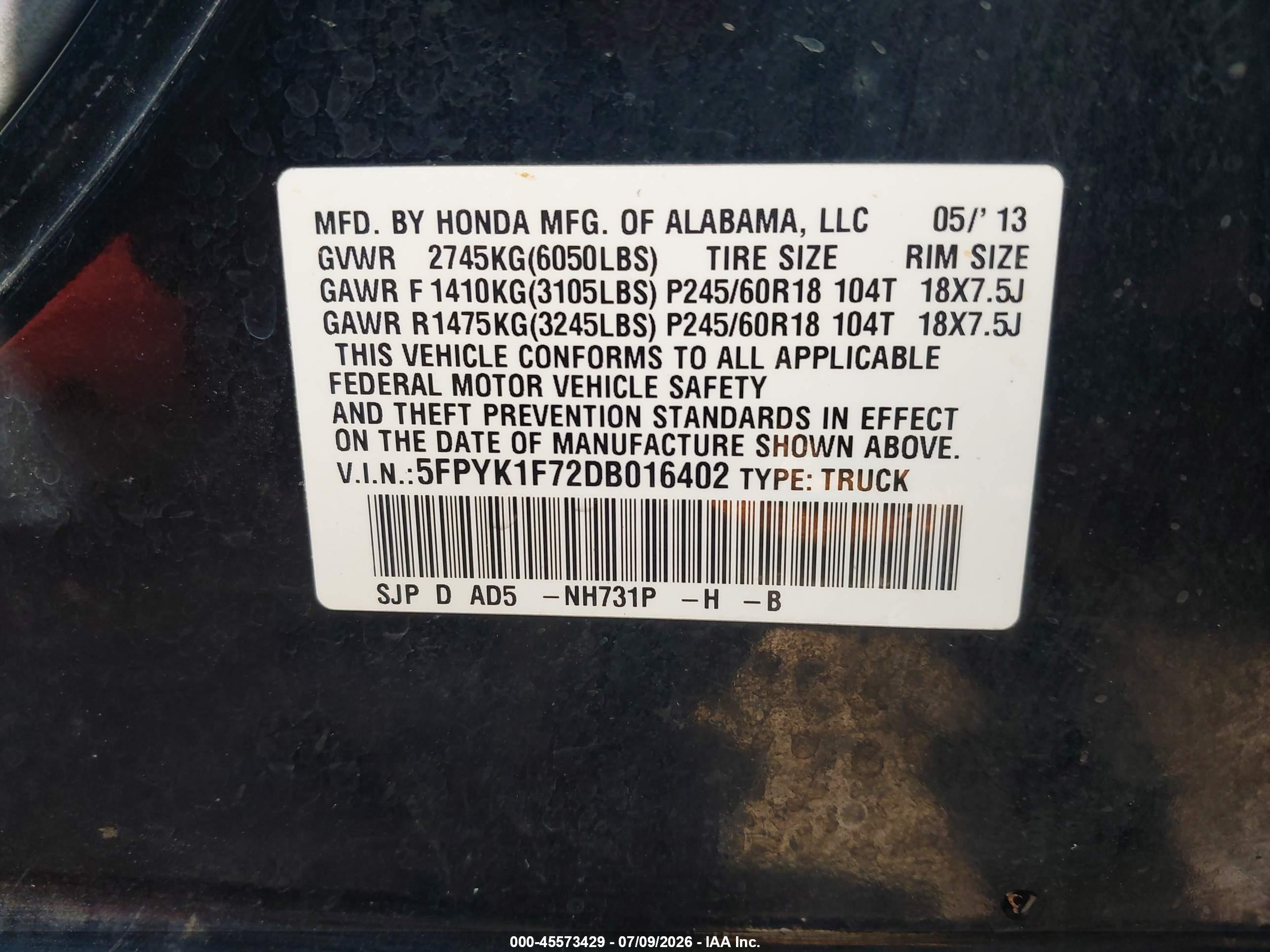 2013 Honda Ridgeline Sport Black vin: 5FPYK1F72DB016402