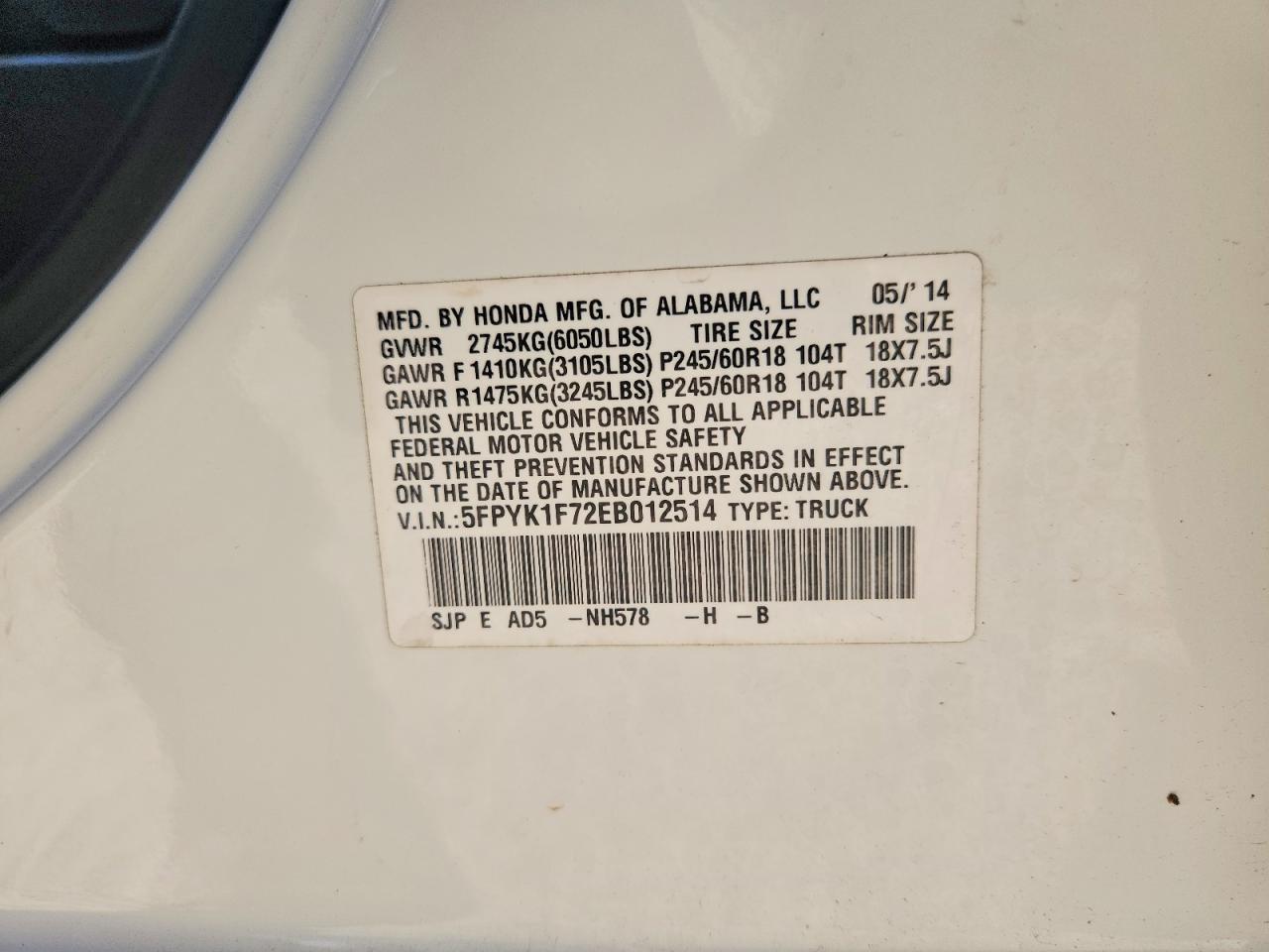 2014 Honda Ridgeline Sport White vin: 5FPYK1F72EB012514