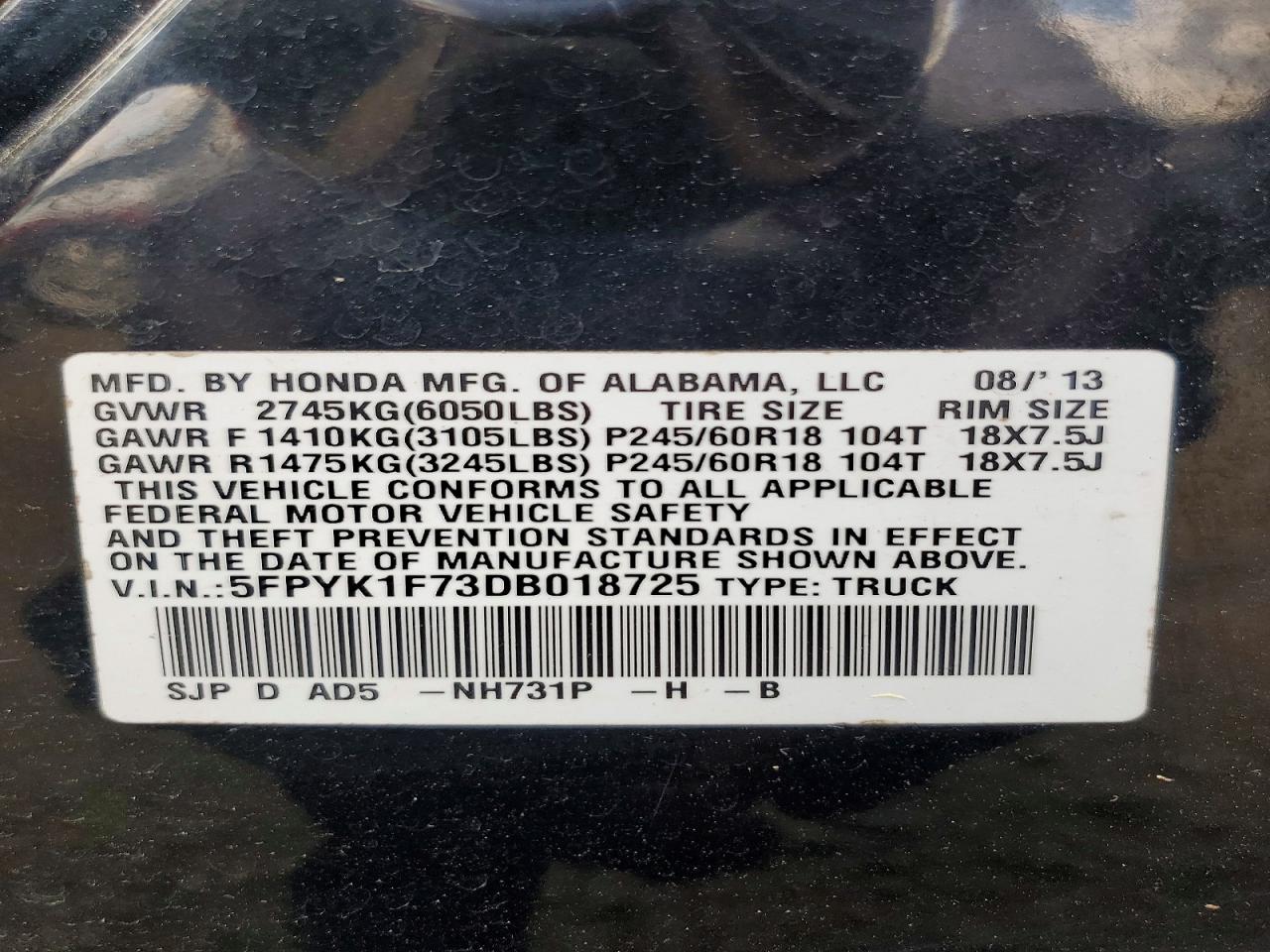 2013 Honda Ridgeline Sport Black vin: 5FPYK1F73DB018725