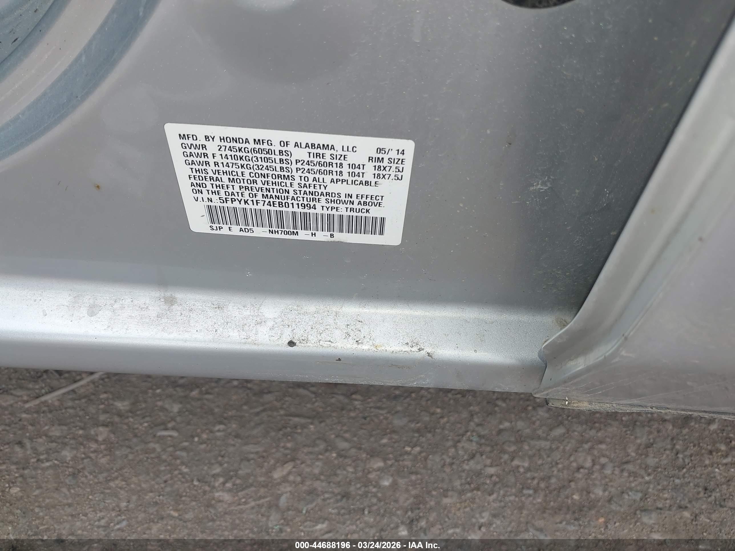 2014 Honda Ridgeline Sport Silver vin: 5FPYK1F74EB011994
