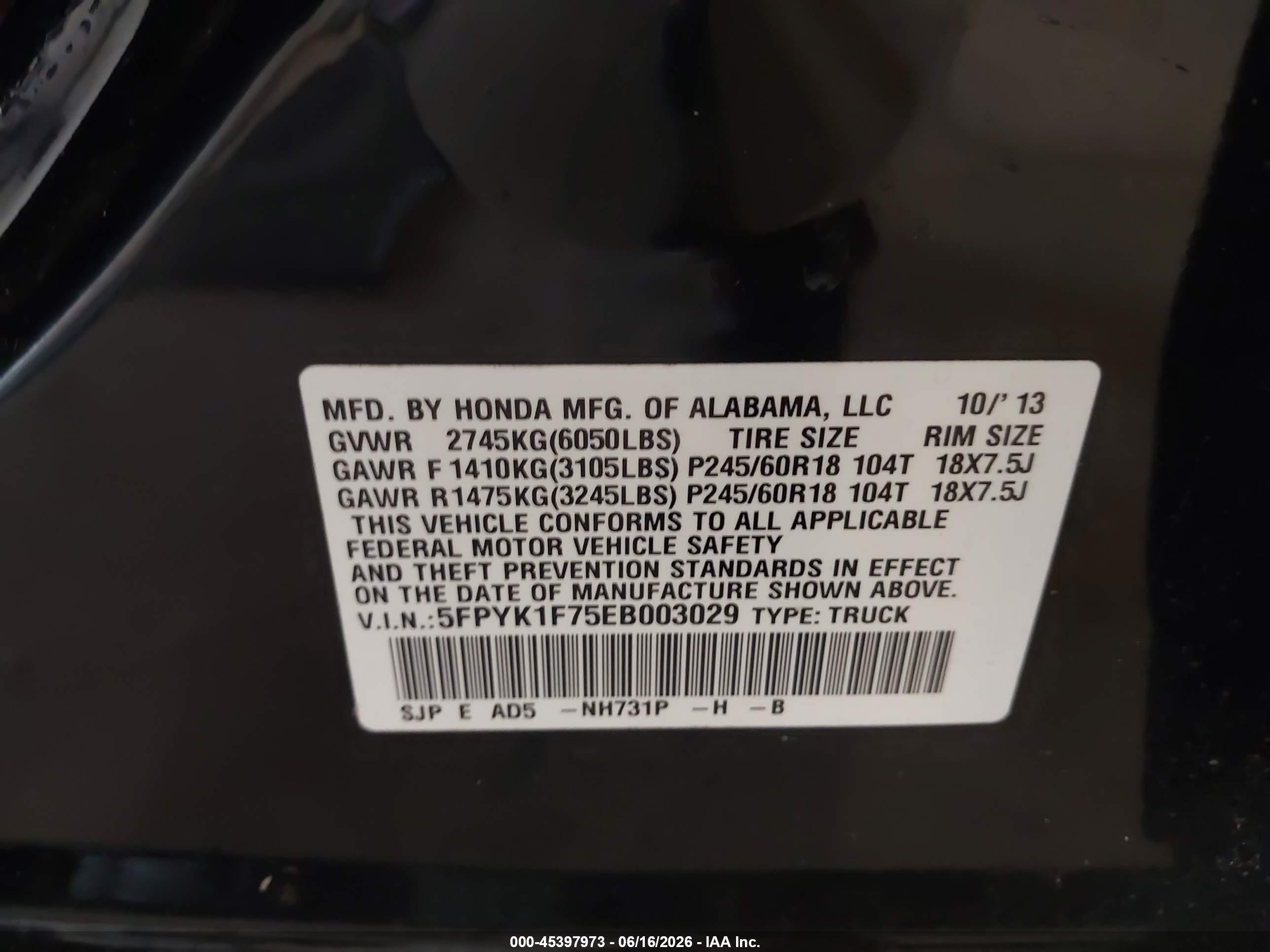 2014 Honda Ridgeline Sport Black vin: 5FPYK1F75EB003029