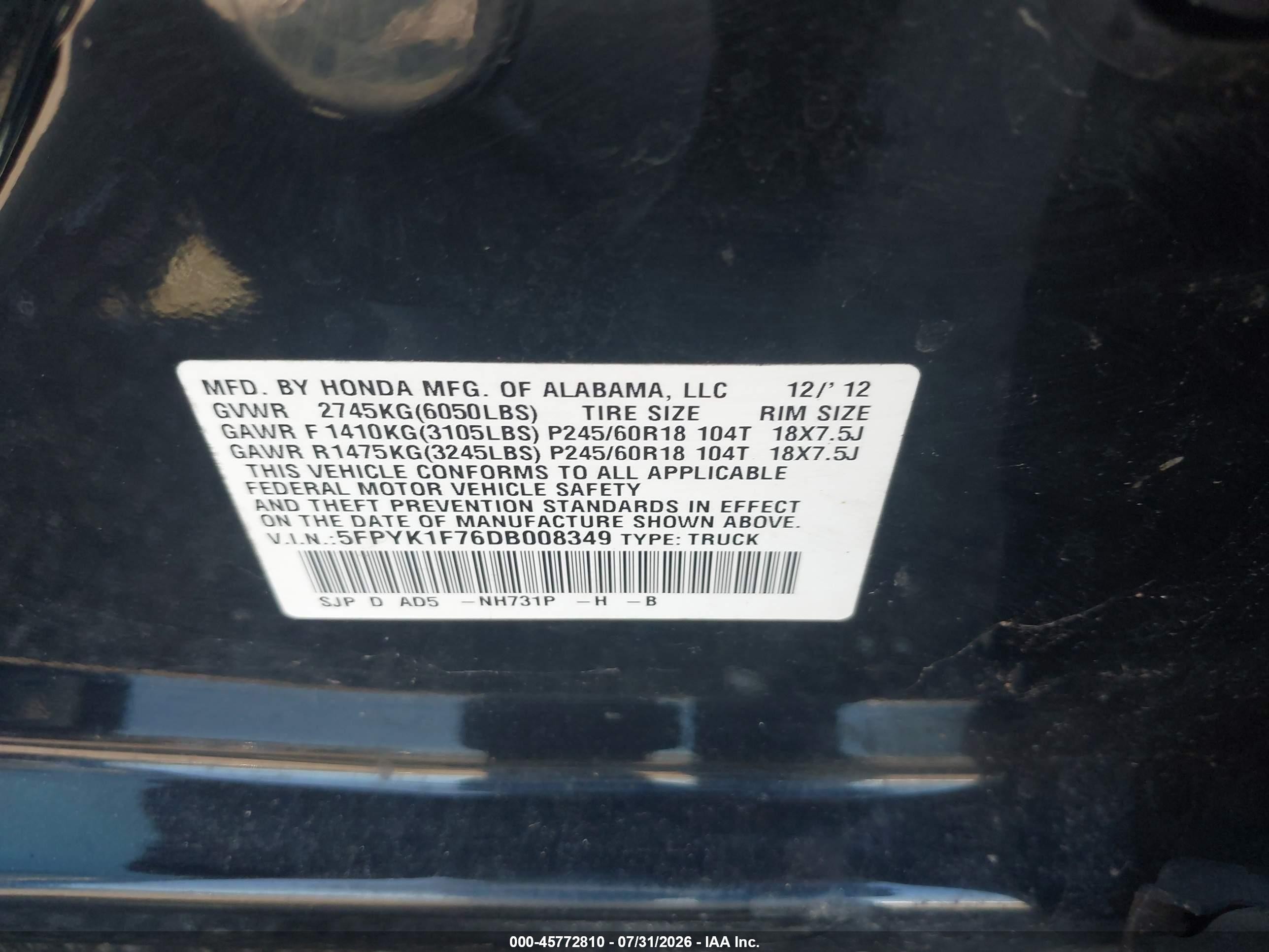2013 Honda Ridgeline Sport Black vin: 5FPYK1F76DB008349