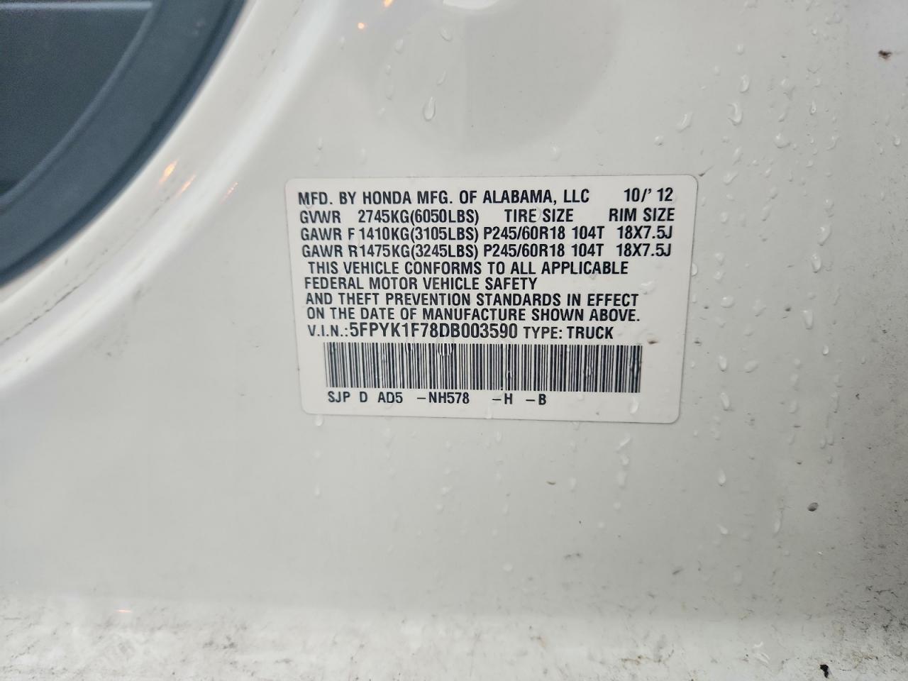 2013 Honda Ridgeline Sport White vin: 5FPYK1F78DB003590