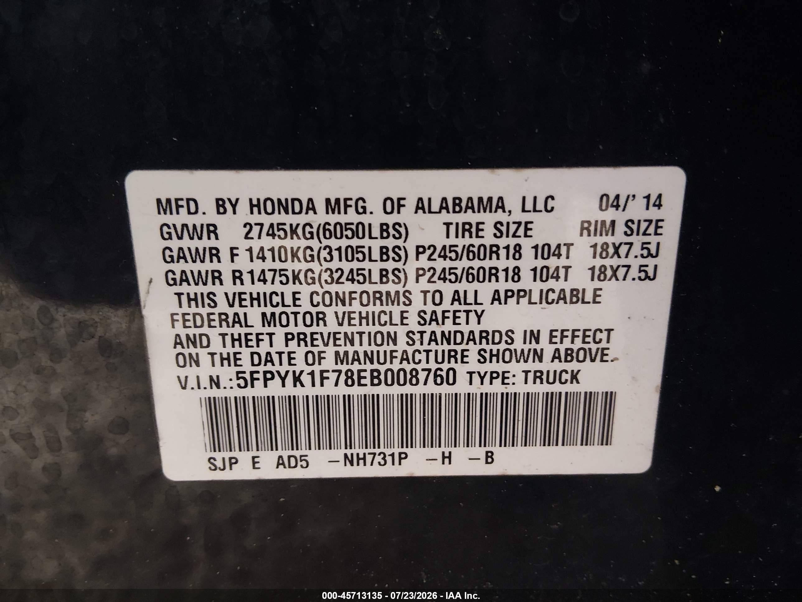 2014 Honda Ridgeline Sport Black vin: 5FPYK1F78EB008760
