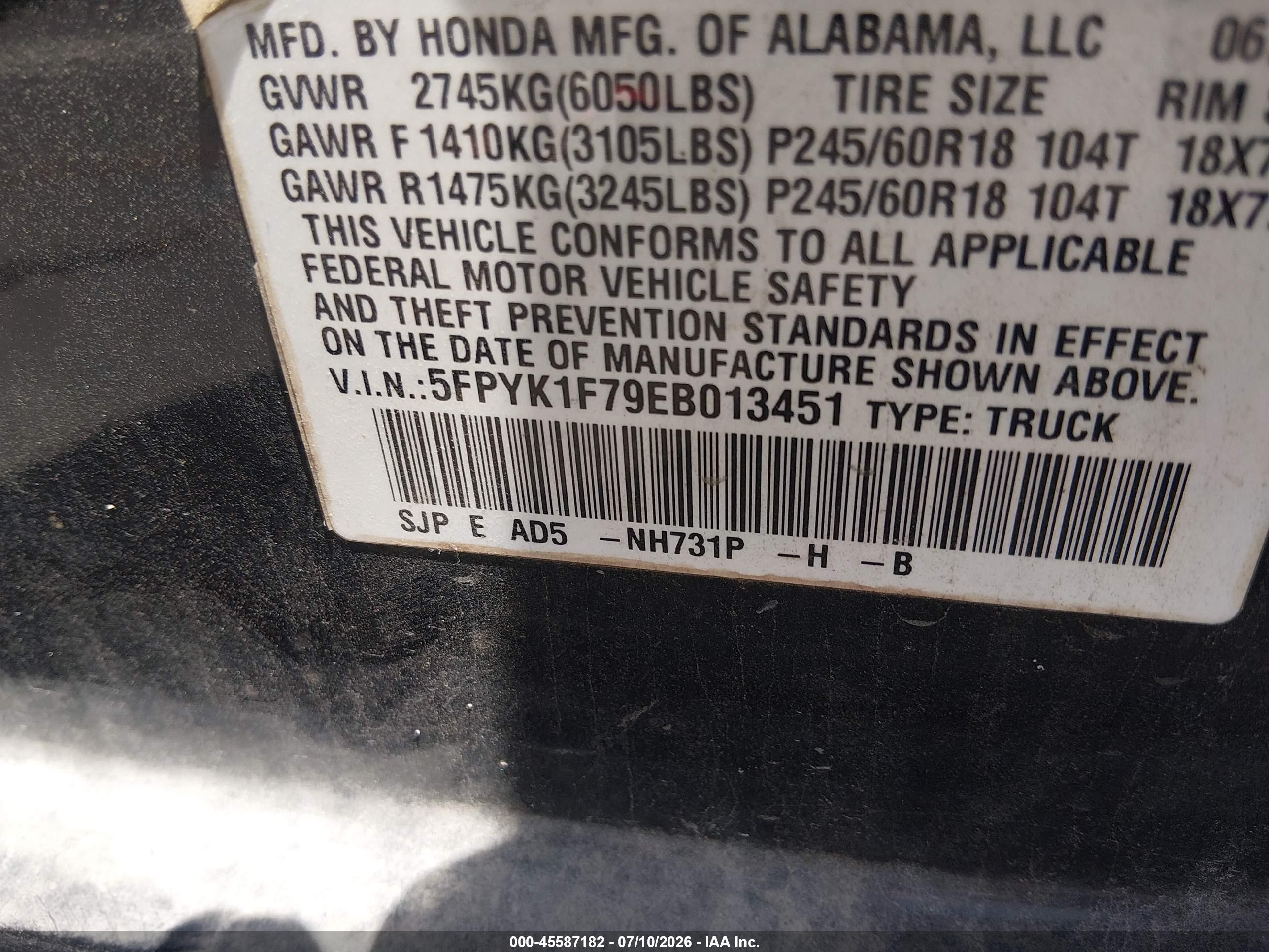 2014 Honda Ridgeline Sport Black vin: 5FPYK1F79EB013451
