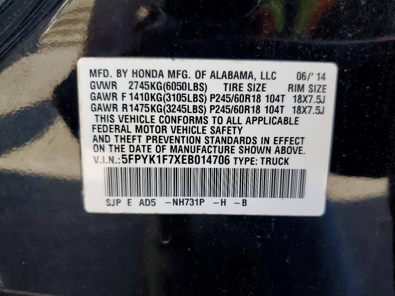 2014 Honda Ridgeline Sport Black vin: 5FPYK1F7XEB014706