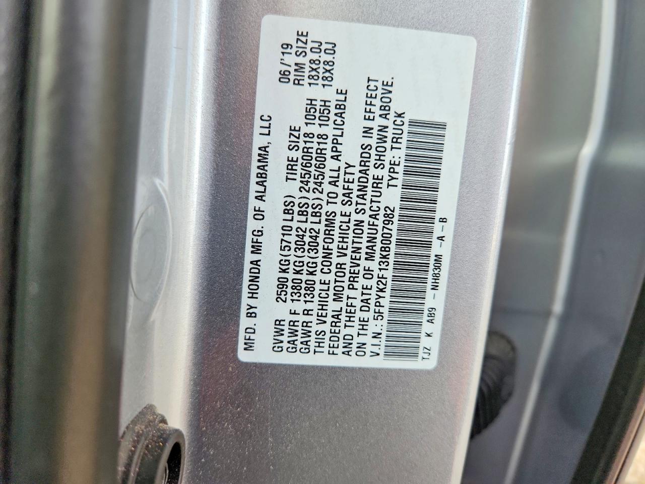 2019 Honda Ridgeline Sport Charcoal vin: 5FPYK2F13KB007982