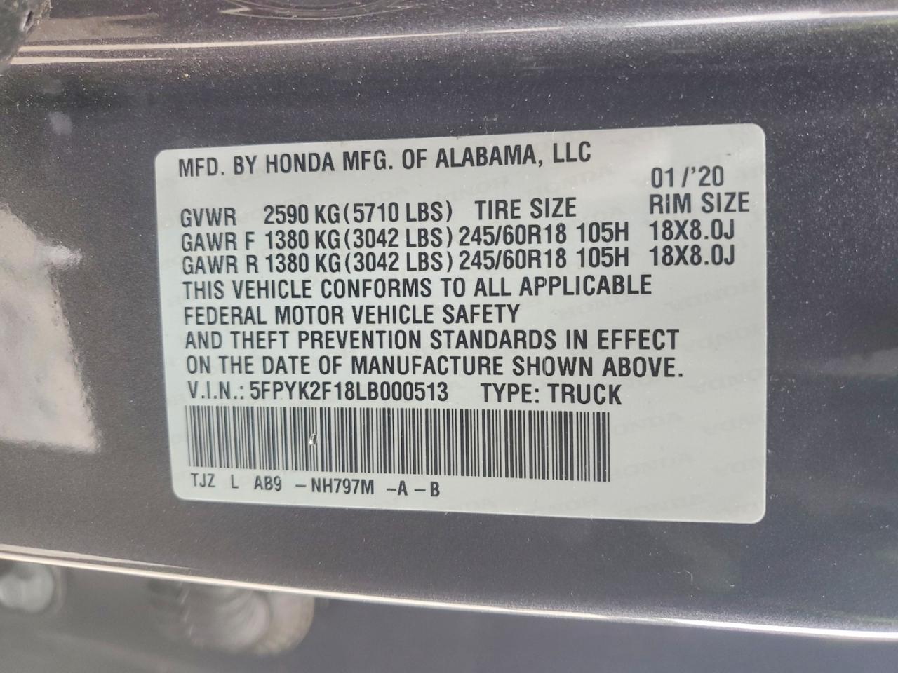 2020 Honda Ridgeline Sport Gray vin: 5FPYK2F18LB000513