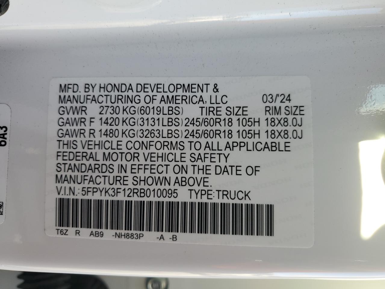 2024 Honda Ridgeline Sport White vin: 5FPYK3F12RB010095