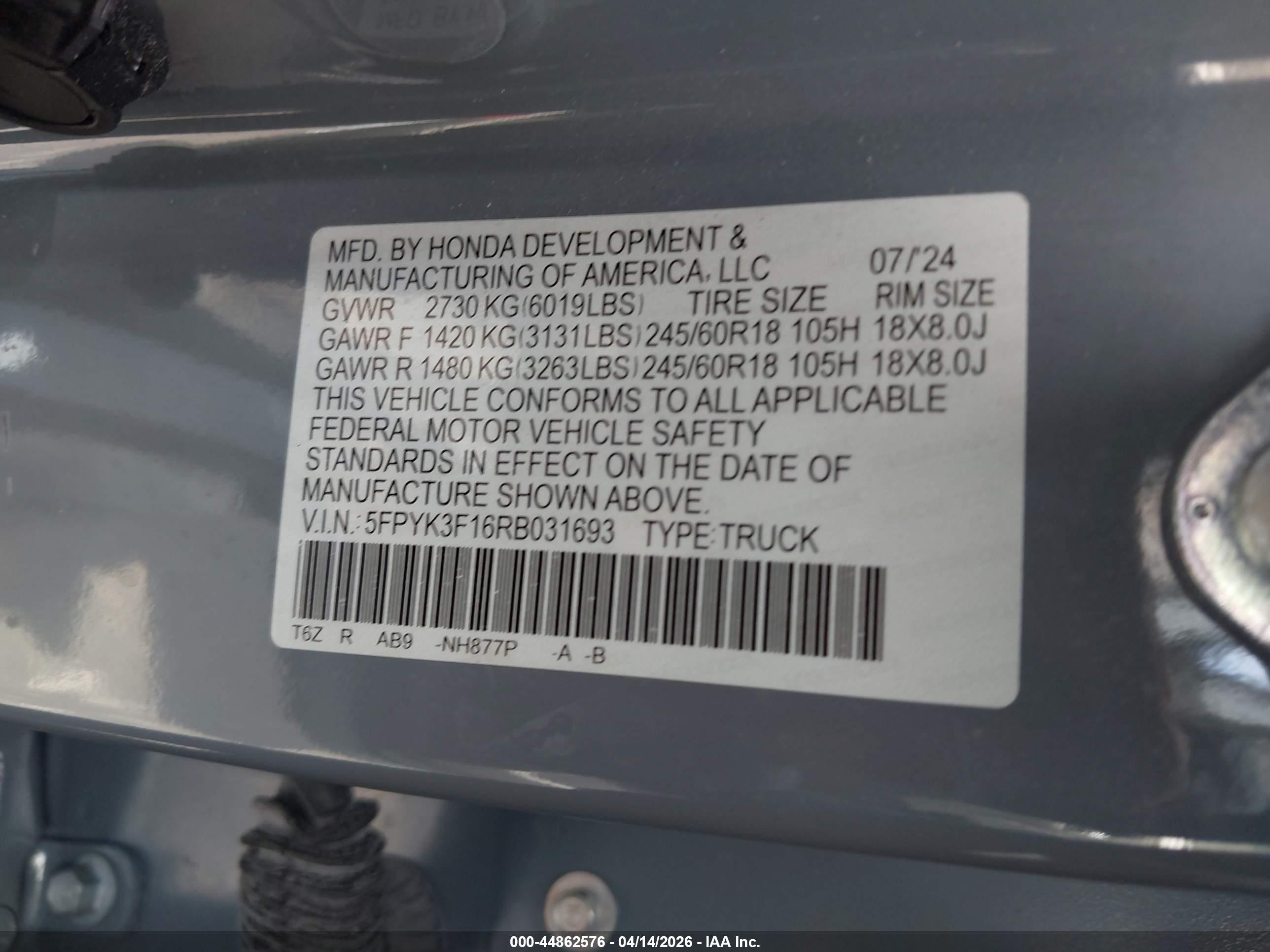 2024 Honda Ridgeline Sport Gray vin: 5FPYK3F16RB031693