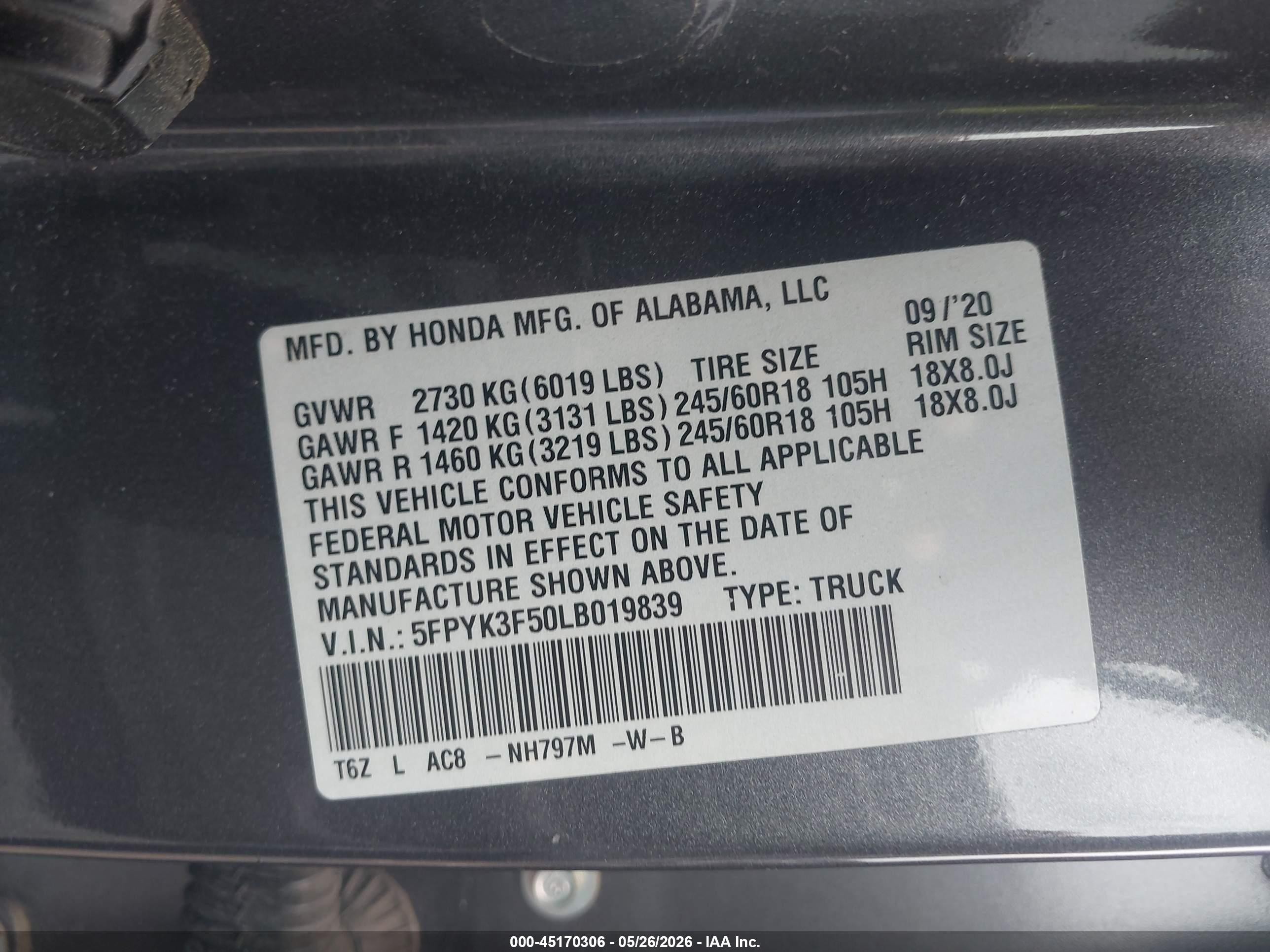 2020 Honda Ridgeline Awd Rtl Gray vin: 5FPYK3F50LB019839