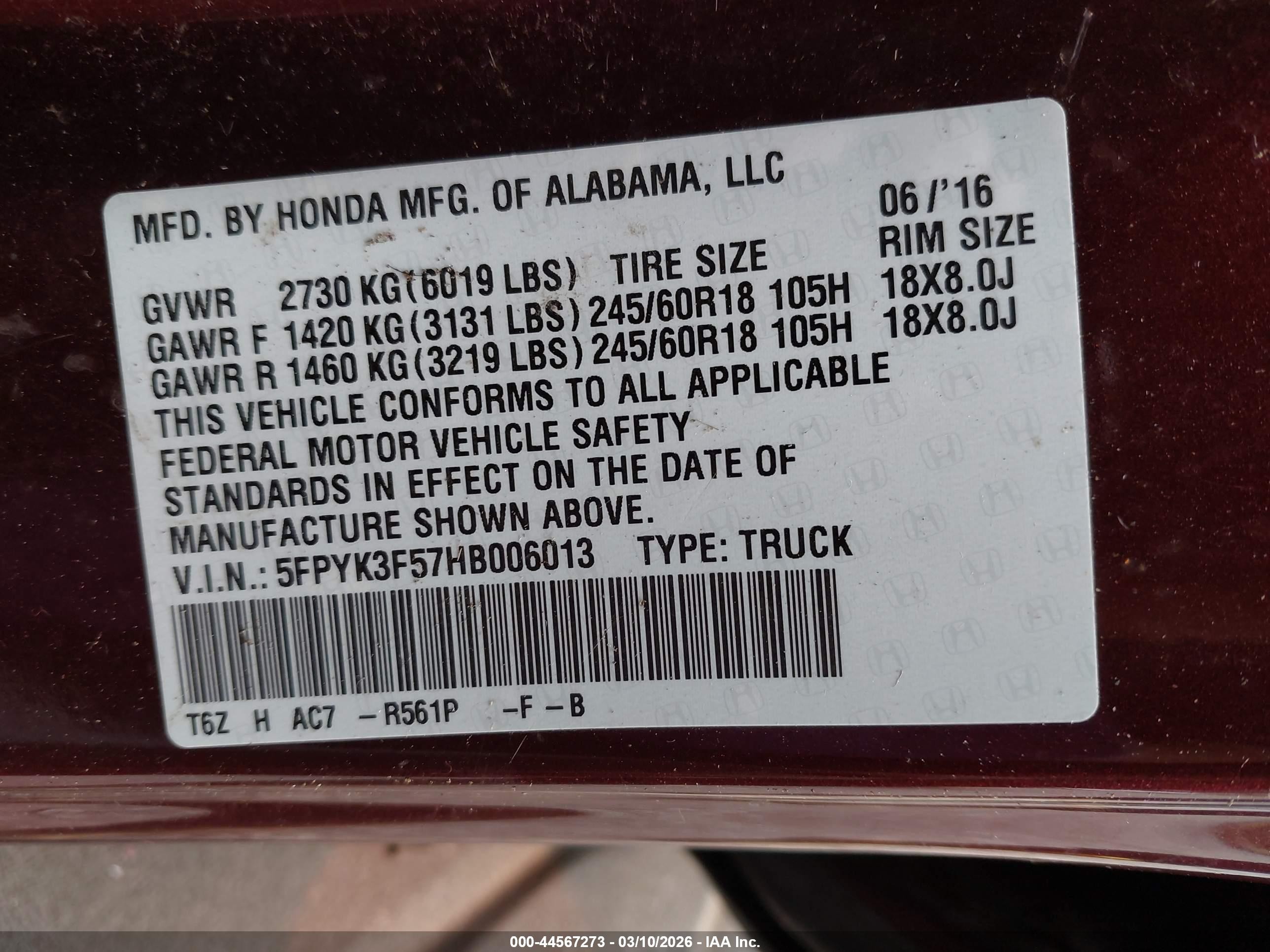 2017 Honda Ridgeline Rtl Burgundy vin: 5FPYK3F57HB006013