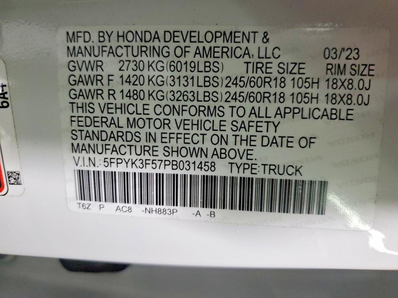 2023 Honda Ridgeline Rtl White vin: 5FPYK3F57PB031458