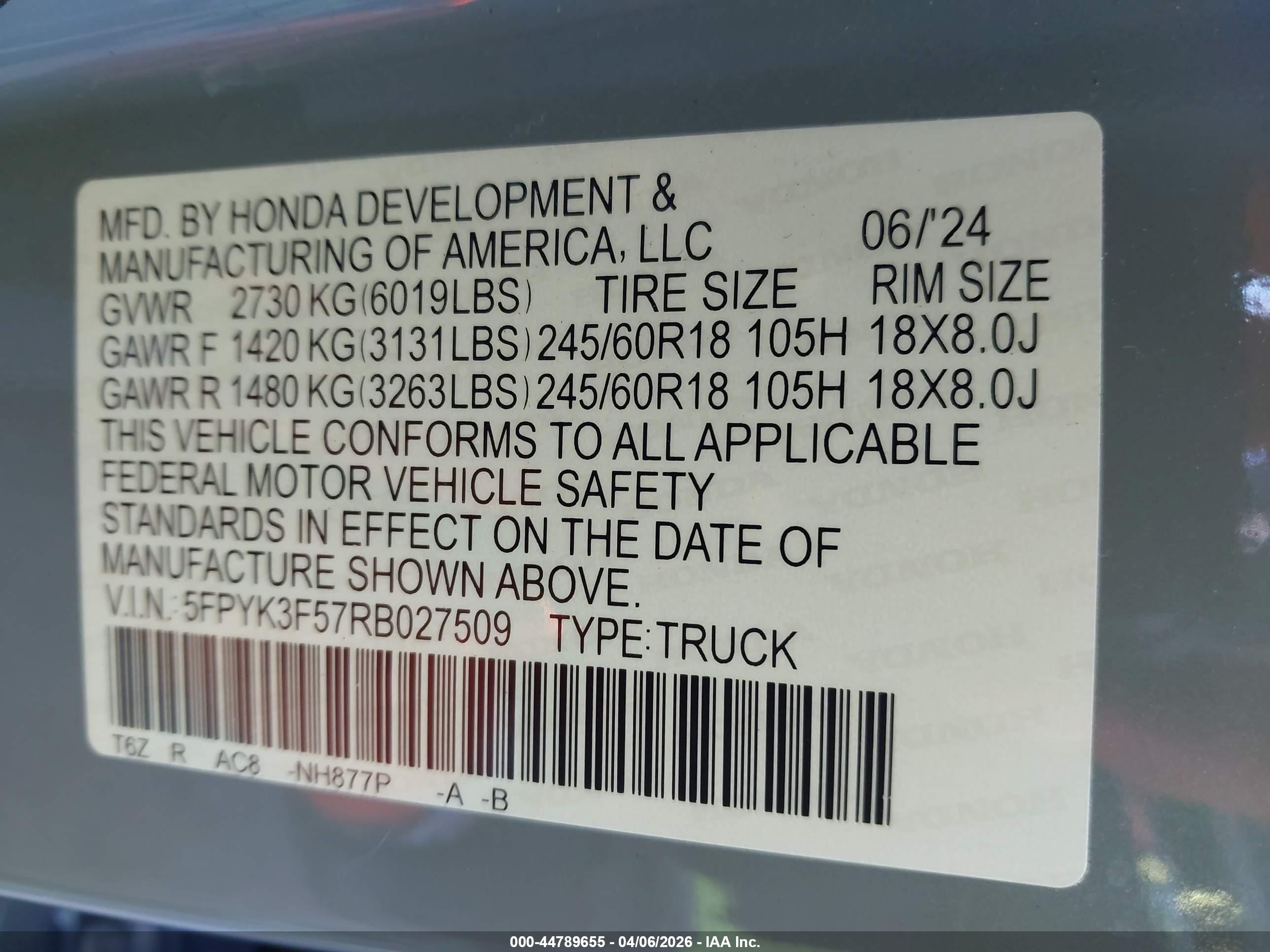 2024 Honda Ridgeline Rtl Light Blue vin: 5FPYK3F57RB027509
