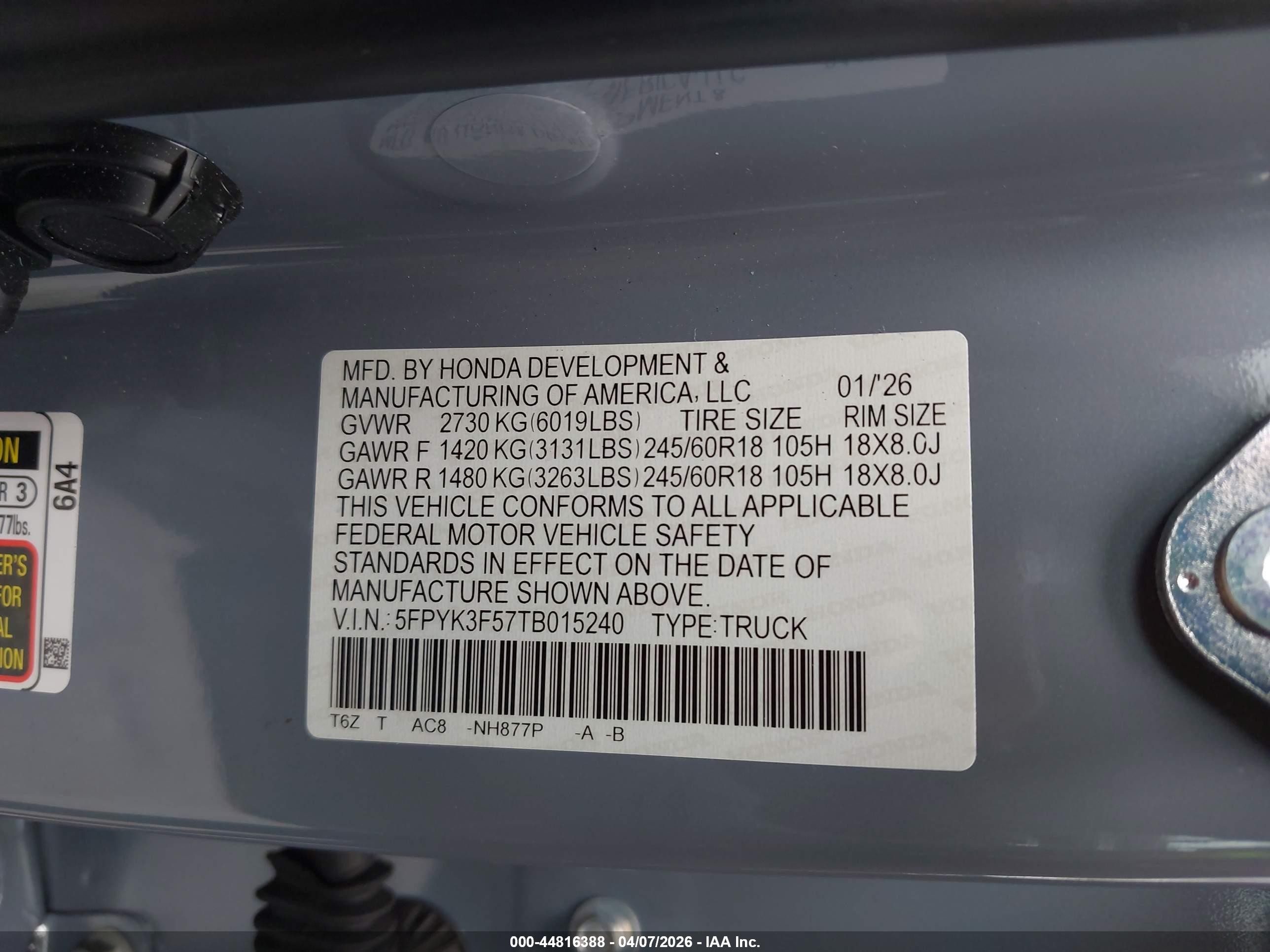 2026 Honda Ridgeline Rtl Gray vin: 5FPYK3F57TB015240