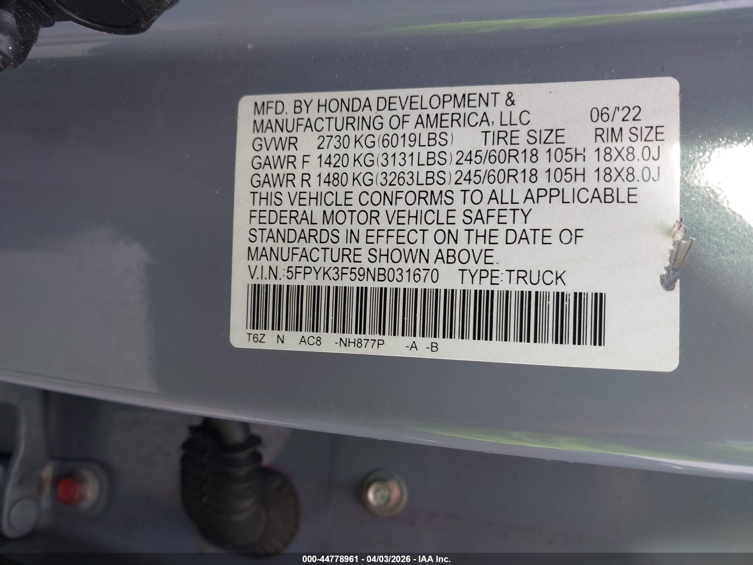 2022 Honda Ridgeline Rtl Blue vin: 5FPYK3F59NB031670