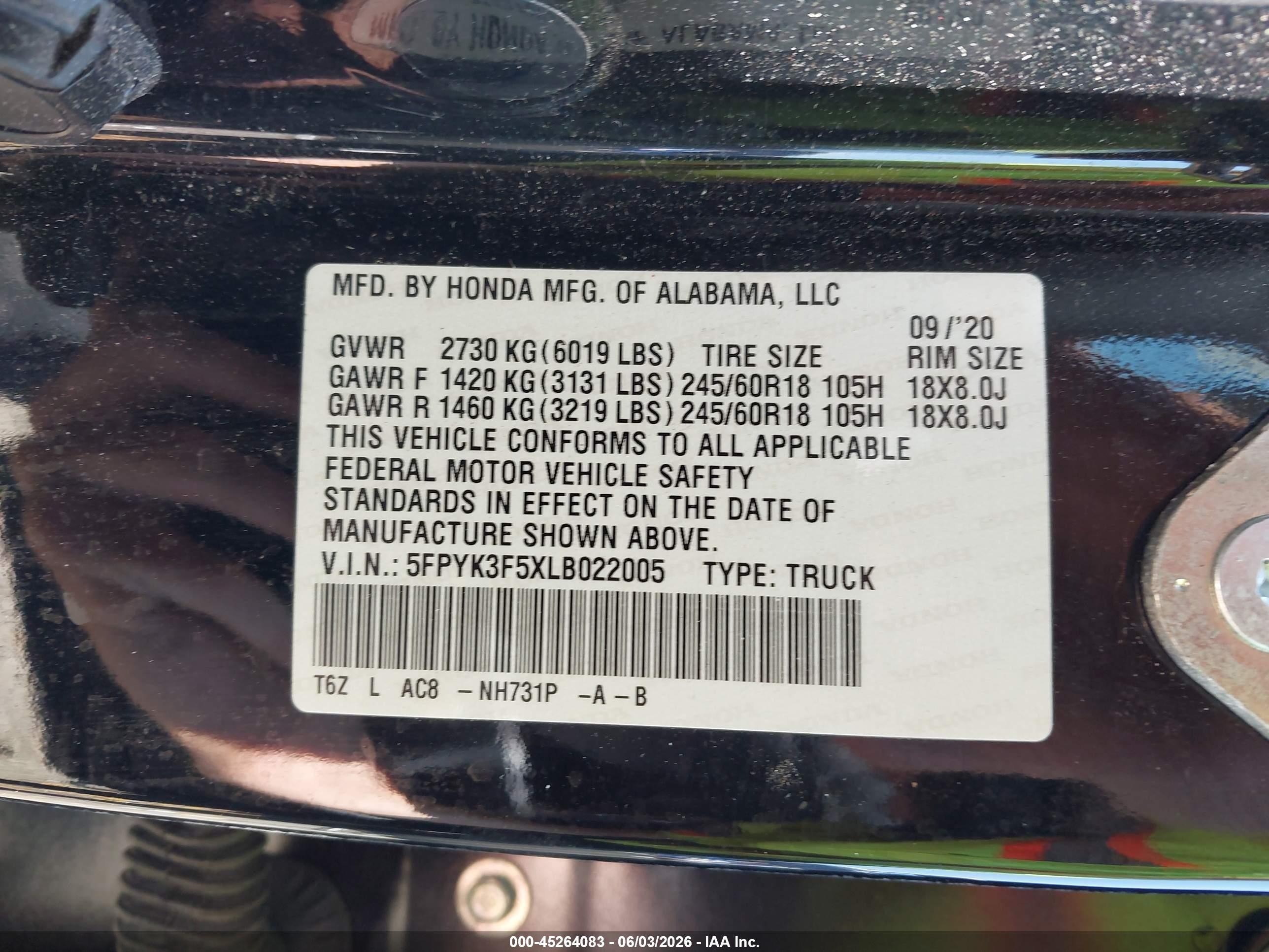2020 Honda Ridgeline Awd Rtl Black vin: 5FPYK3F5XLB022005