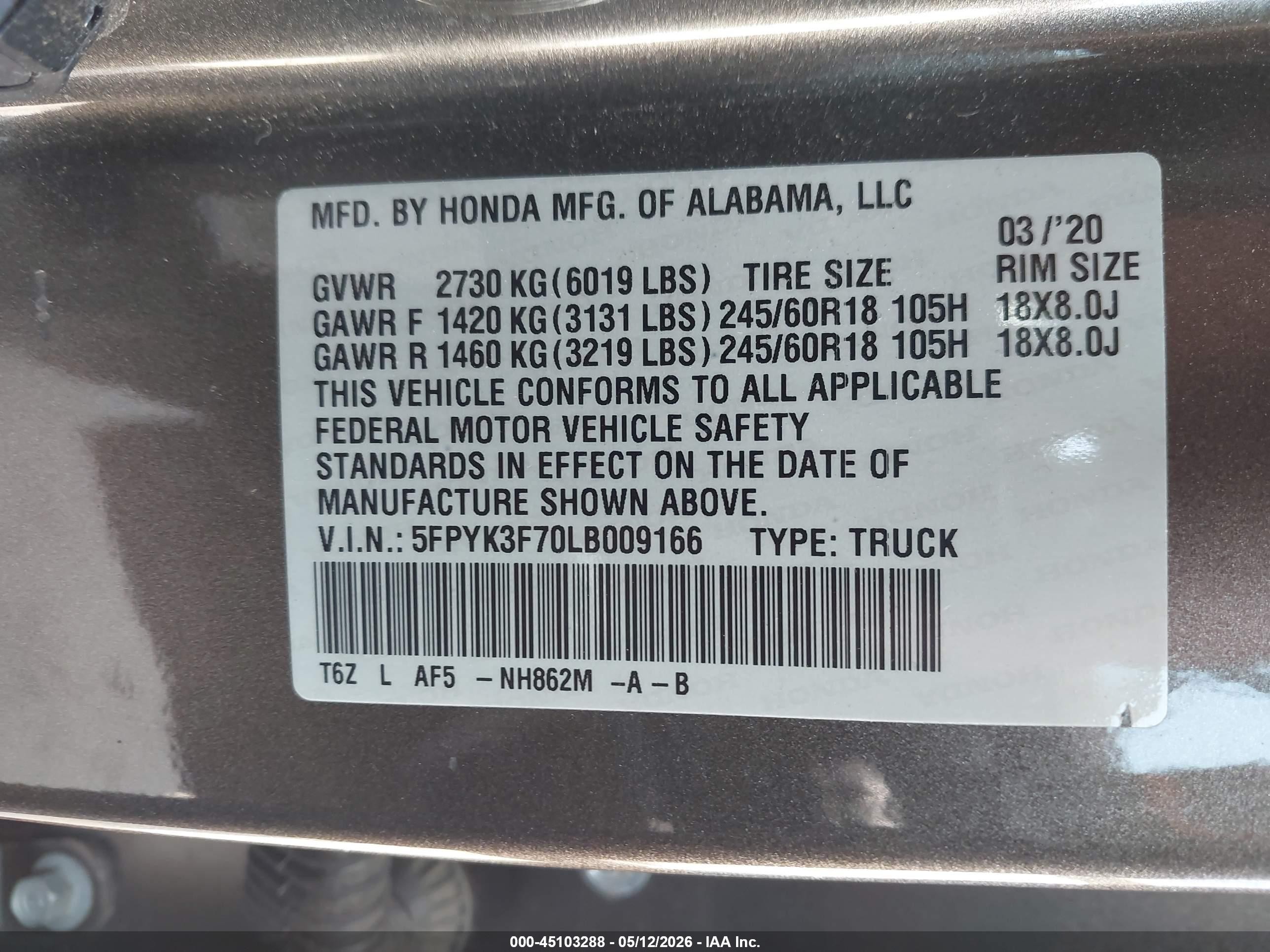 2020 Honda Ridgeline Rtl-e Gray vin: 5FPYK3F70LB009166