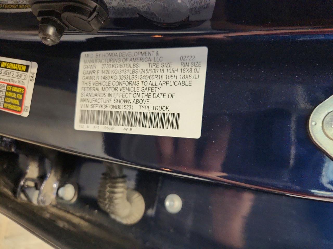 2022 Honda Ridgeline Rtl Blue vin: 5FPYK3F70NB015231