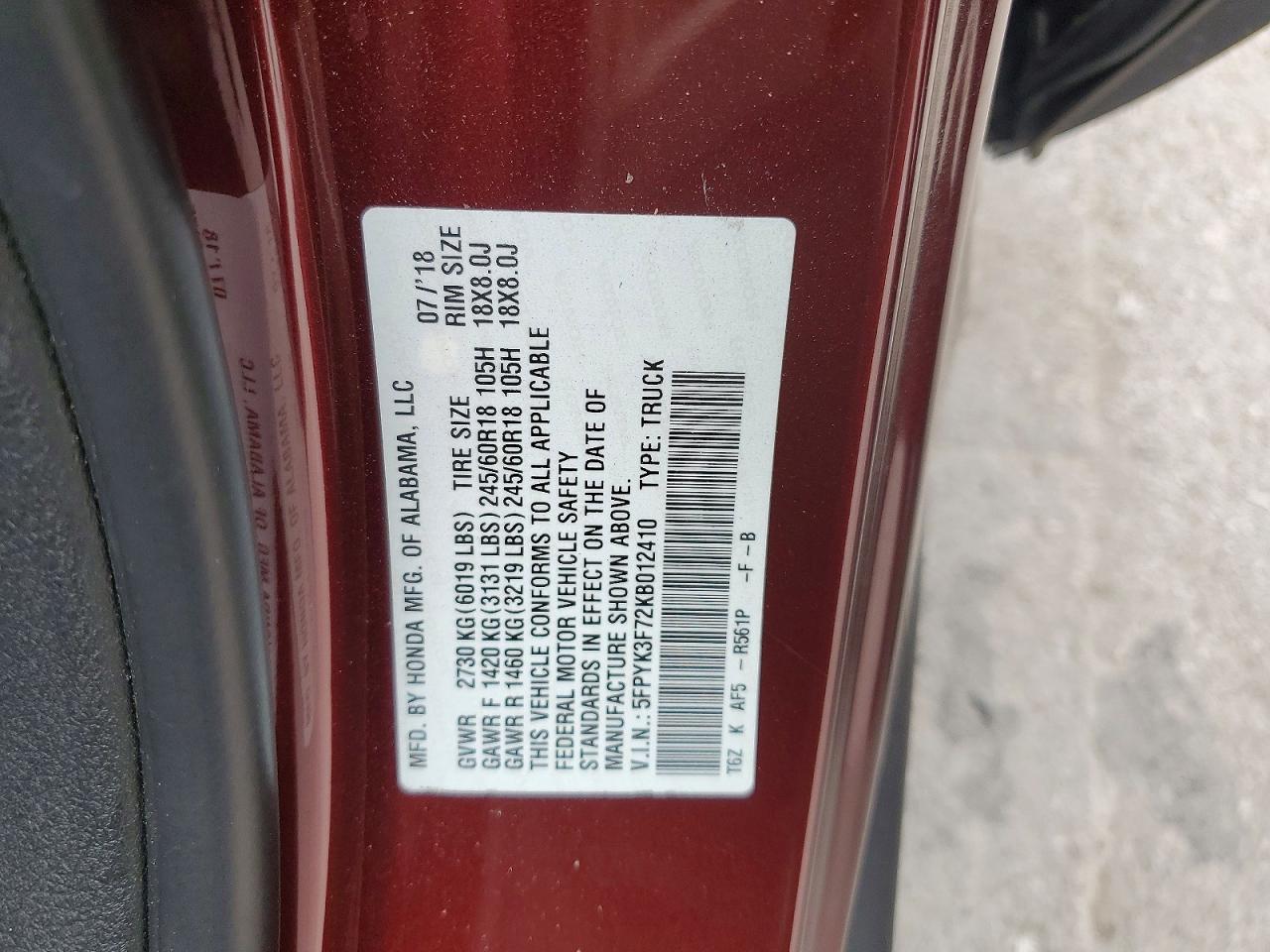 2019 Honda Ridgeline Rtl Maroon vin: 5FPYK3F72KB012410