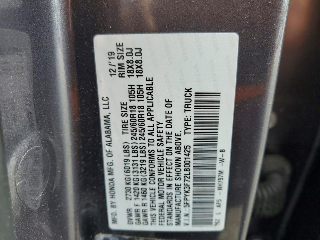 2020 Honda Ridgeline Rtl Gray vin: 5FPYK3F72LB001425