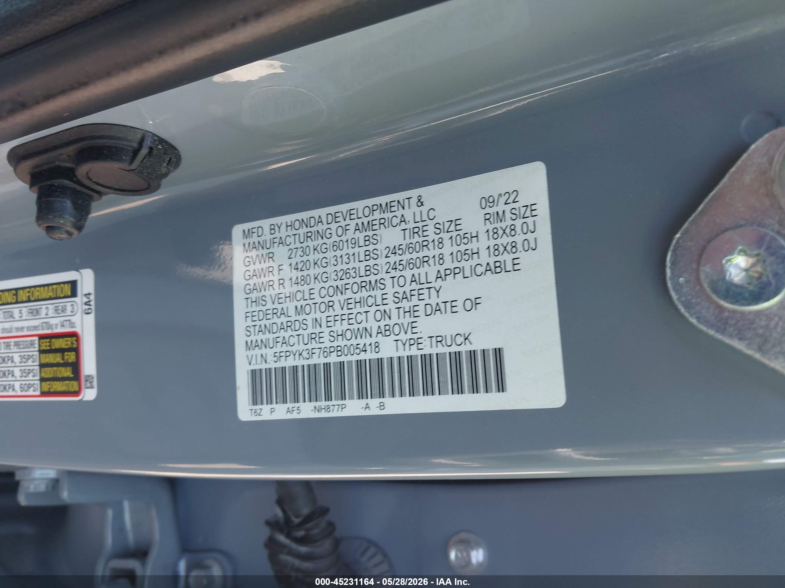 2023 Honda Ridgeline Rtl-e Light Blue vin: 5FPYK3F76PB005418
