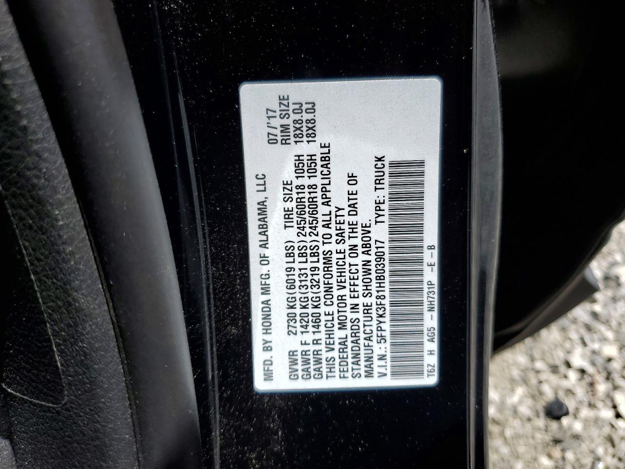 2017 Honda Ridgeline Black Edition Black vin: 5FPYK3F81HB039017