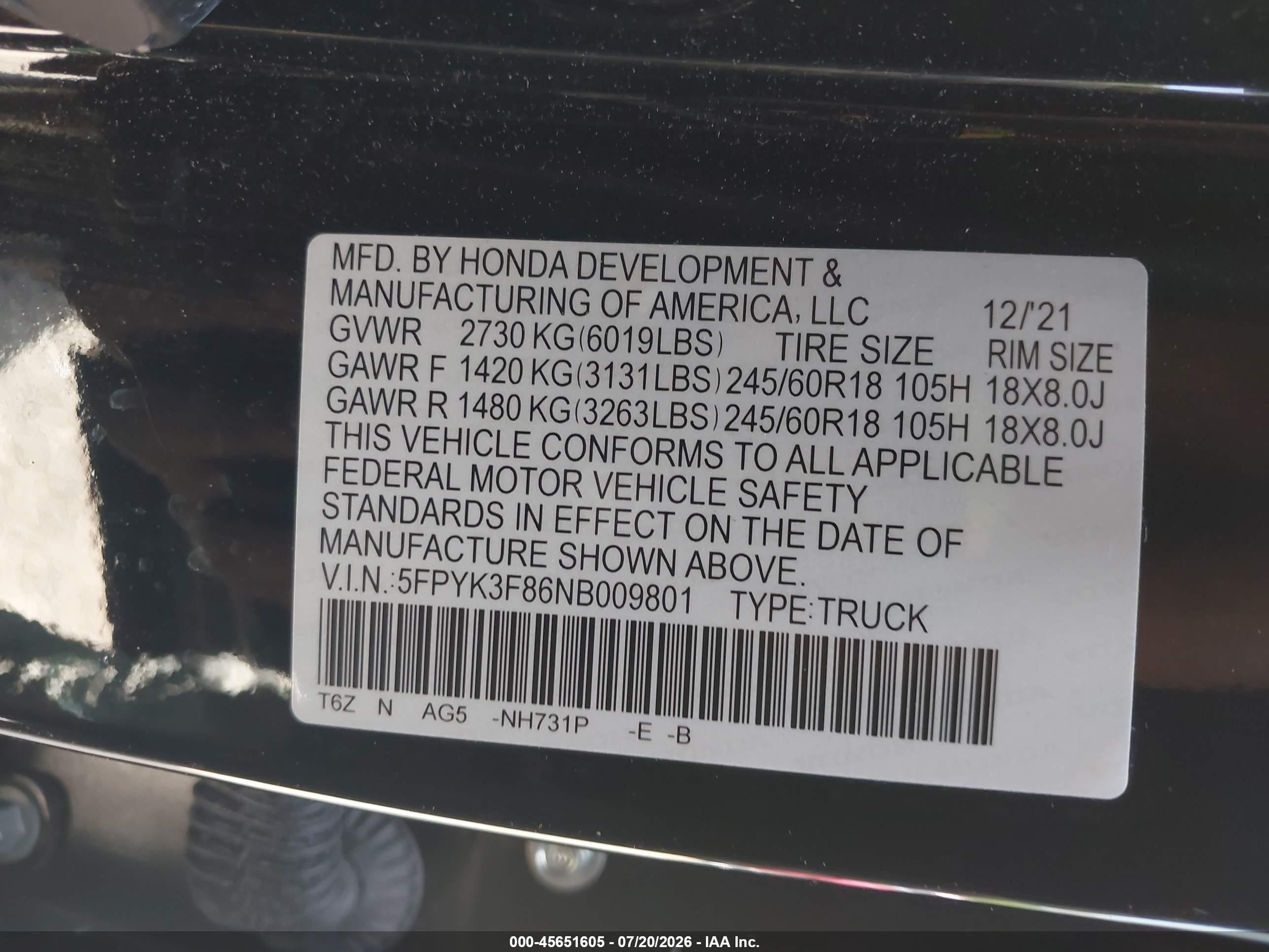 2022 Honda Ridgeline Black Edition Black vin: 5FPYK3F86NB009801