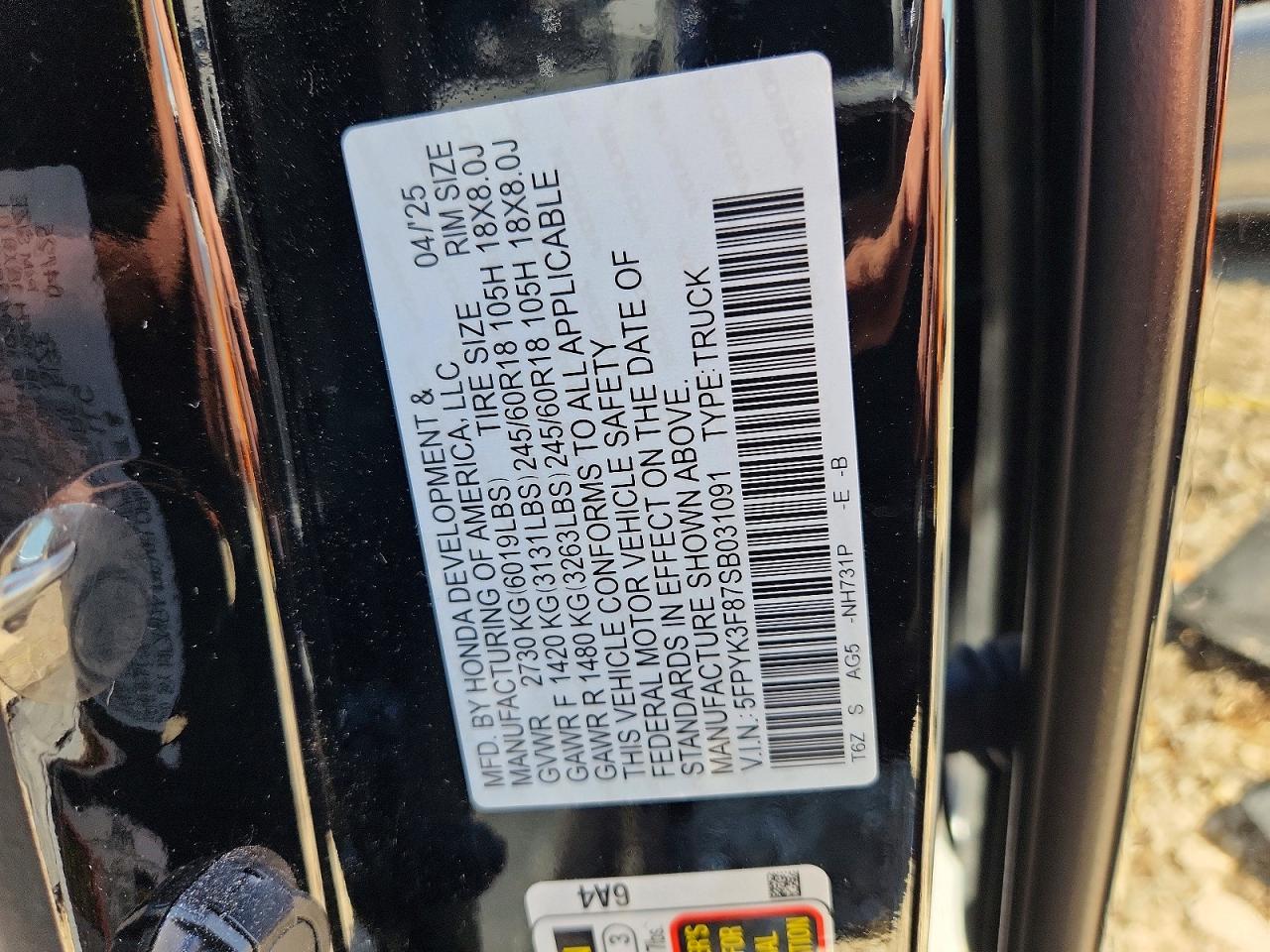 2025 Honda Ridgeline Black Edition Black vin: 5FPYK3F87SB031091