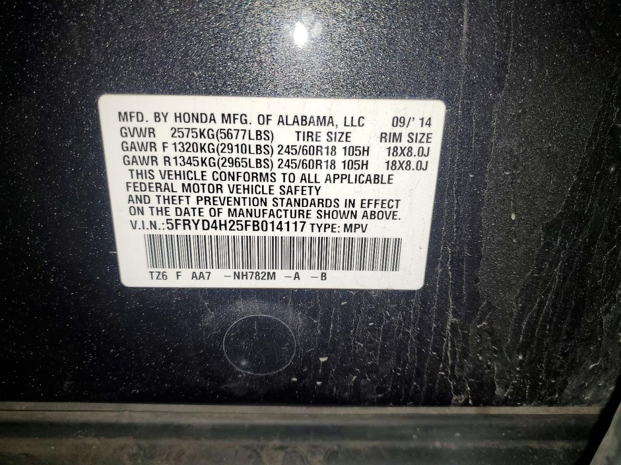 2015 Acura Mdx Charcoal vin: 5FRYD4H25FB014117