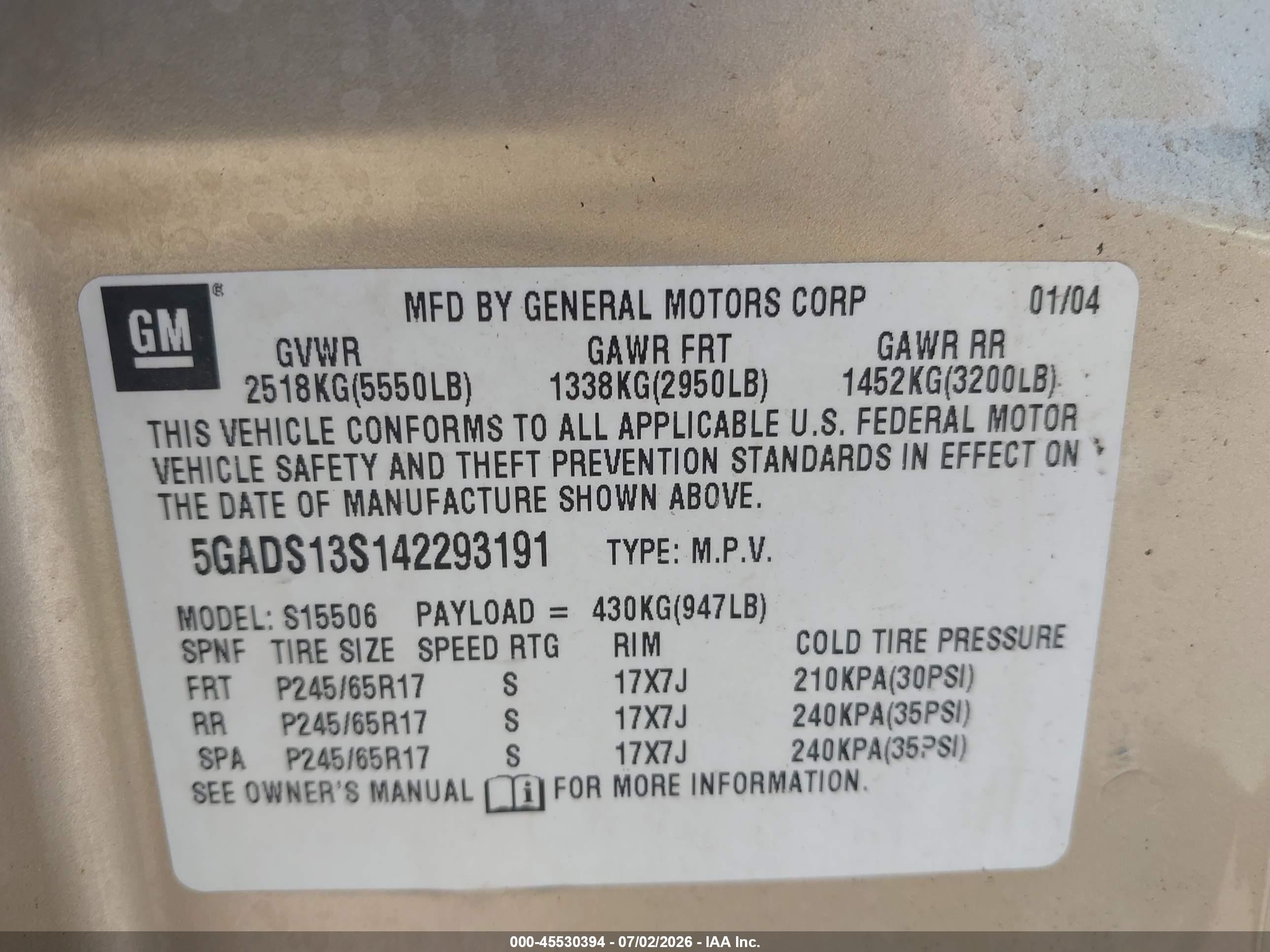 2004 Buick Rainier Cxl Plus Gold vin: 5GADS13S142293191