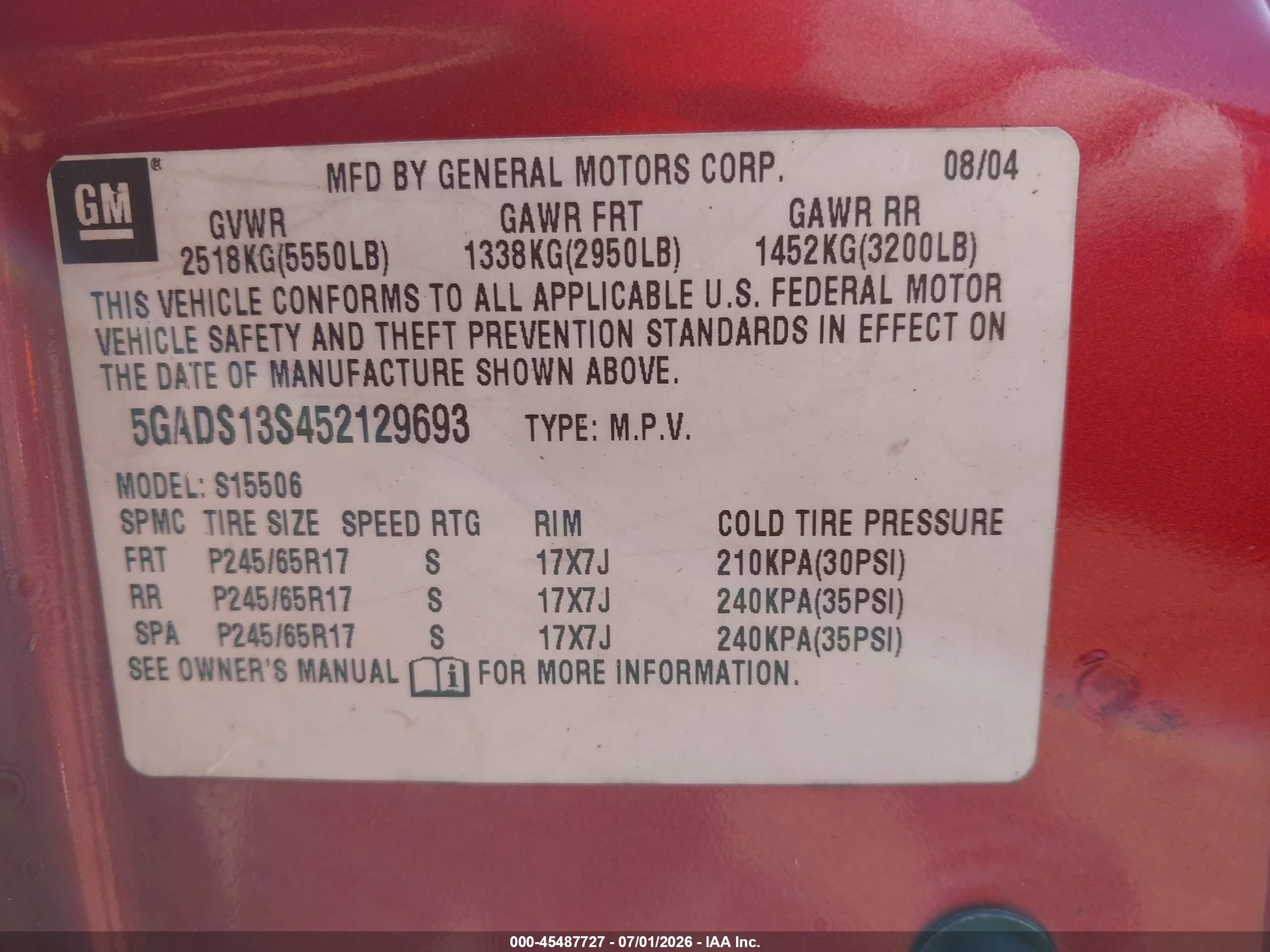 2005 Buick Rainier Cxl Red vin: 5GADS13S452129693
