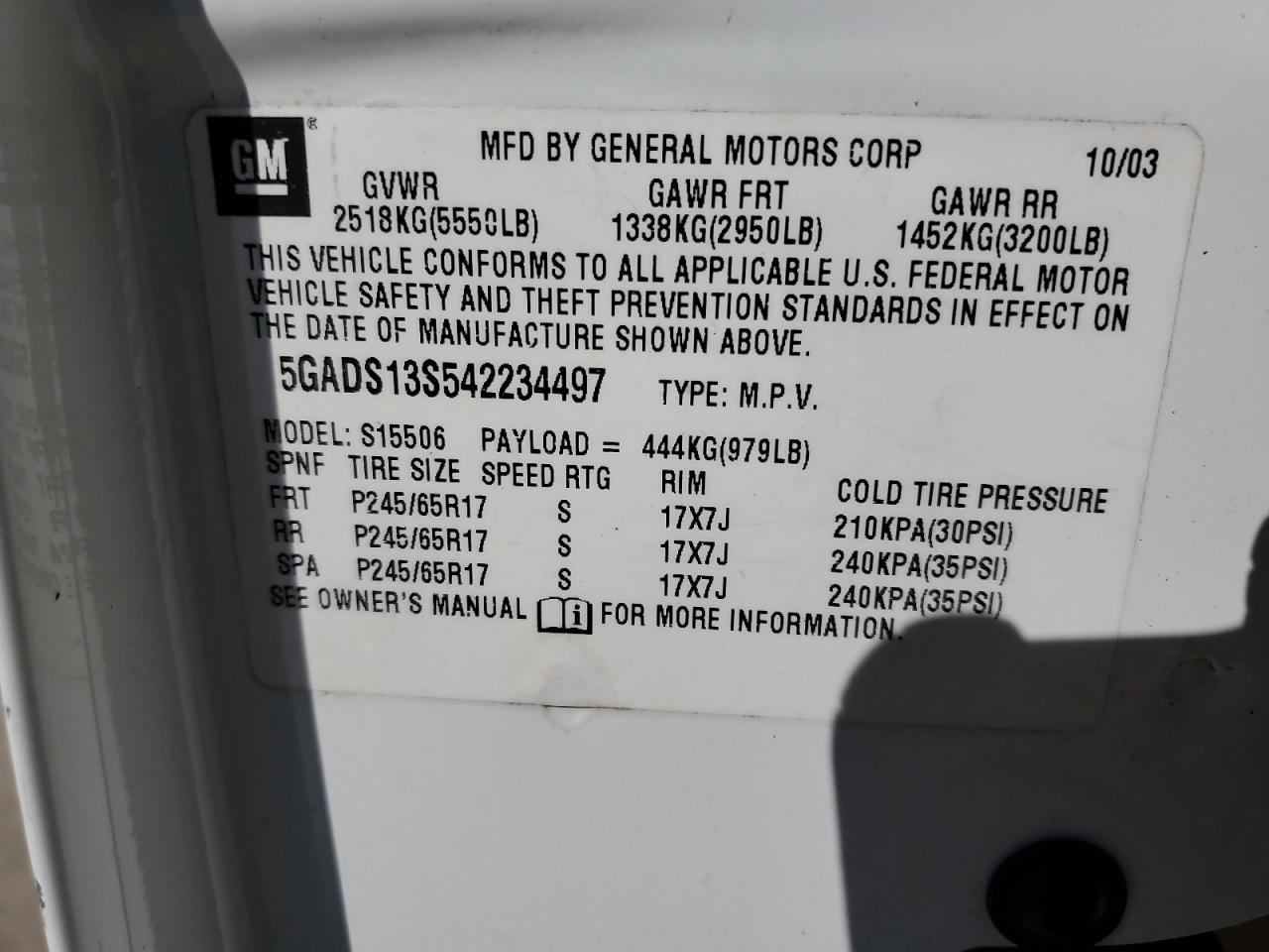 2004 Buick Rainier Cxl White vin: 5GADS13S542234497