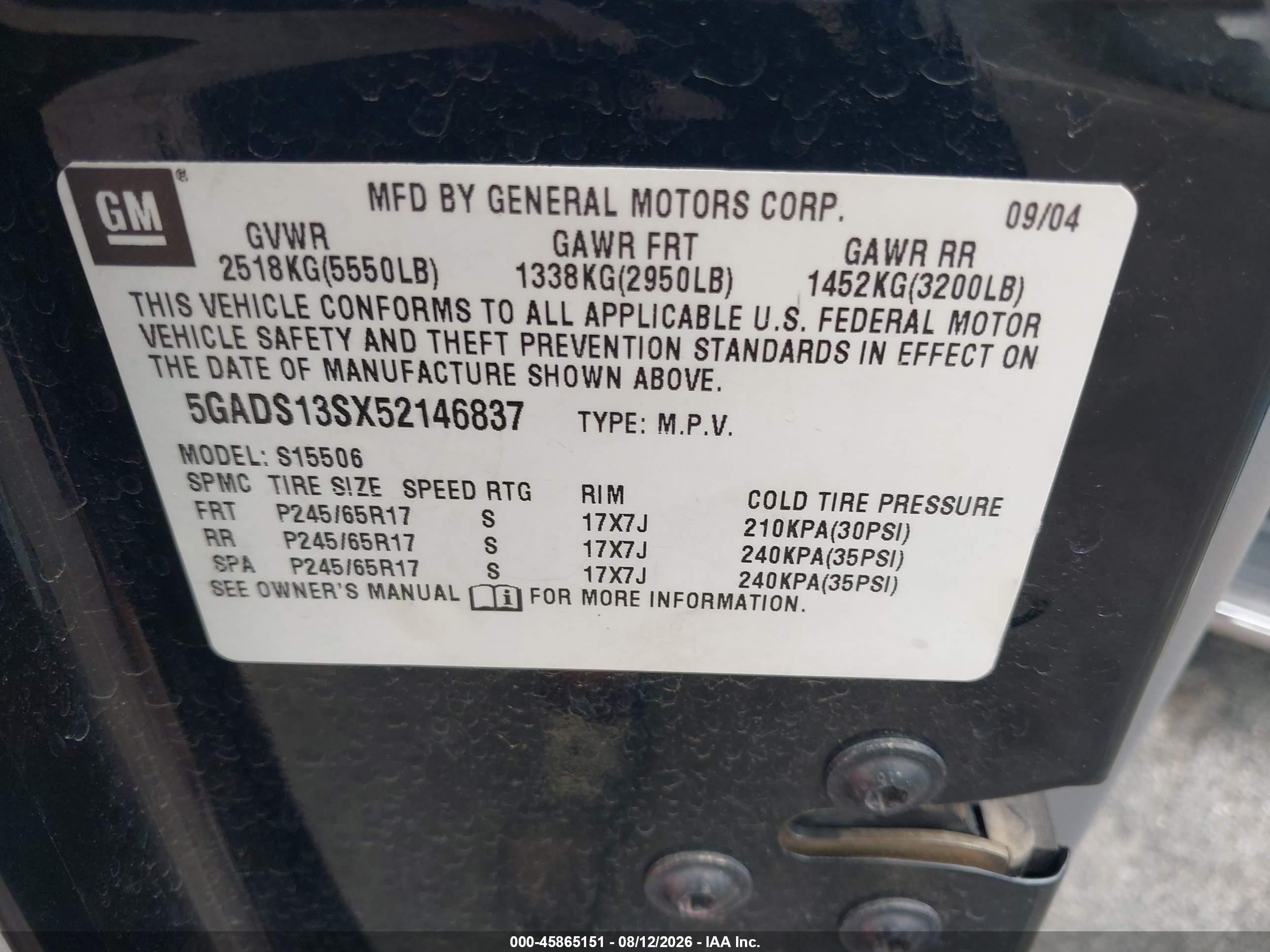 2005 Buick Rainier Cxl Black vin: 5GADS13SX52146837