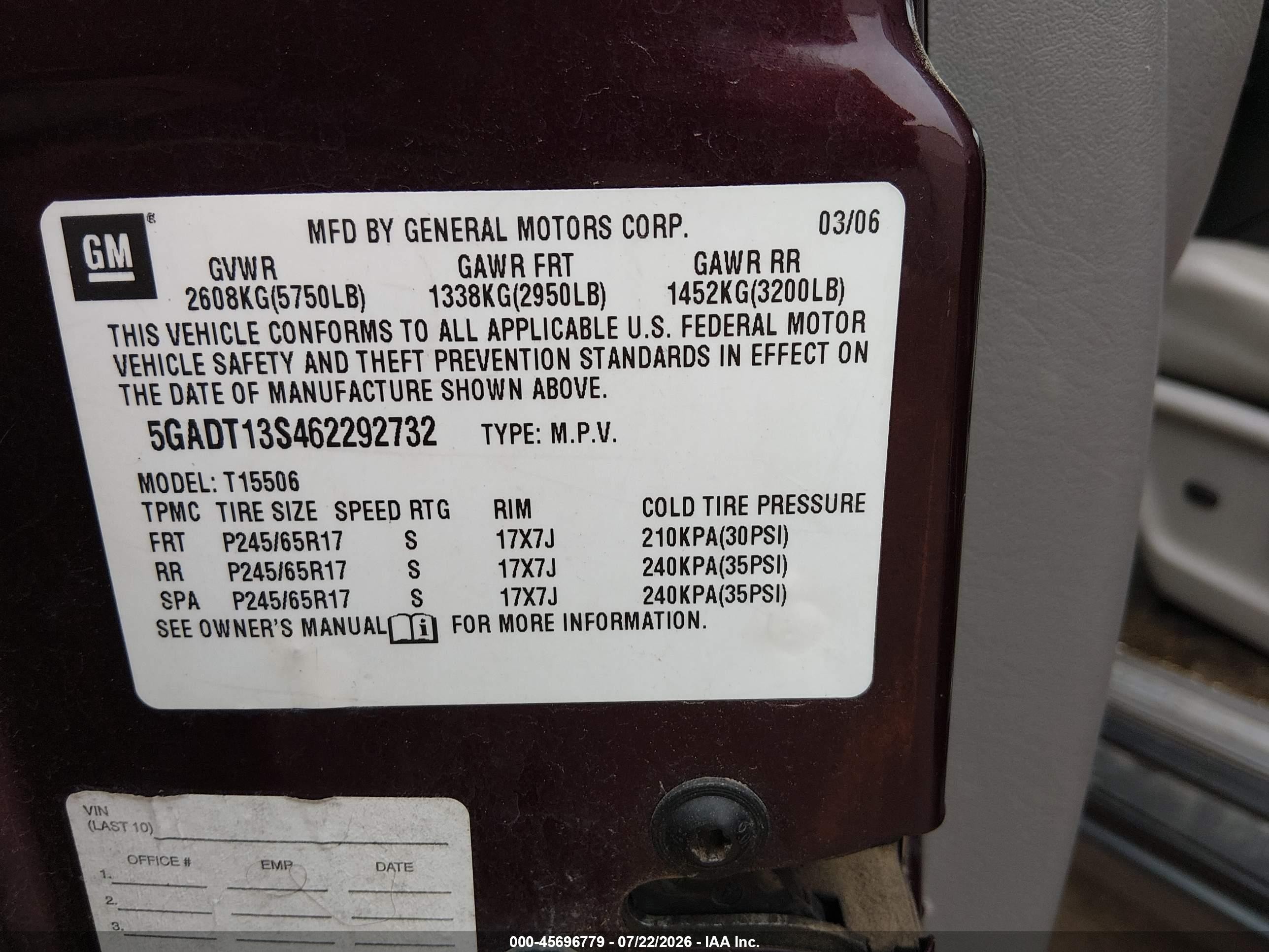 2006 Buick Rainier Cxl Burgundy vin: 5GADT13S462292732