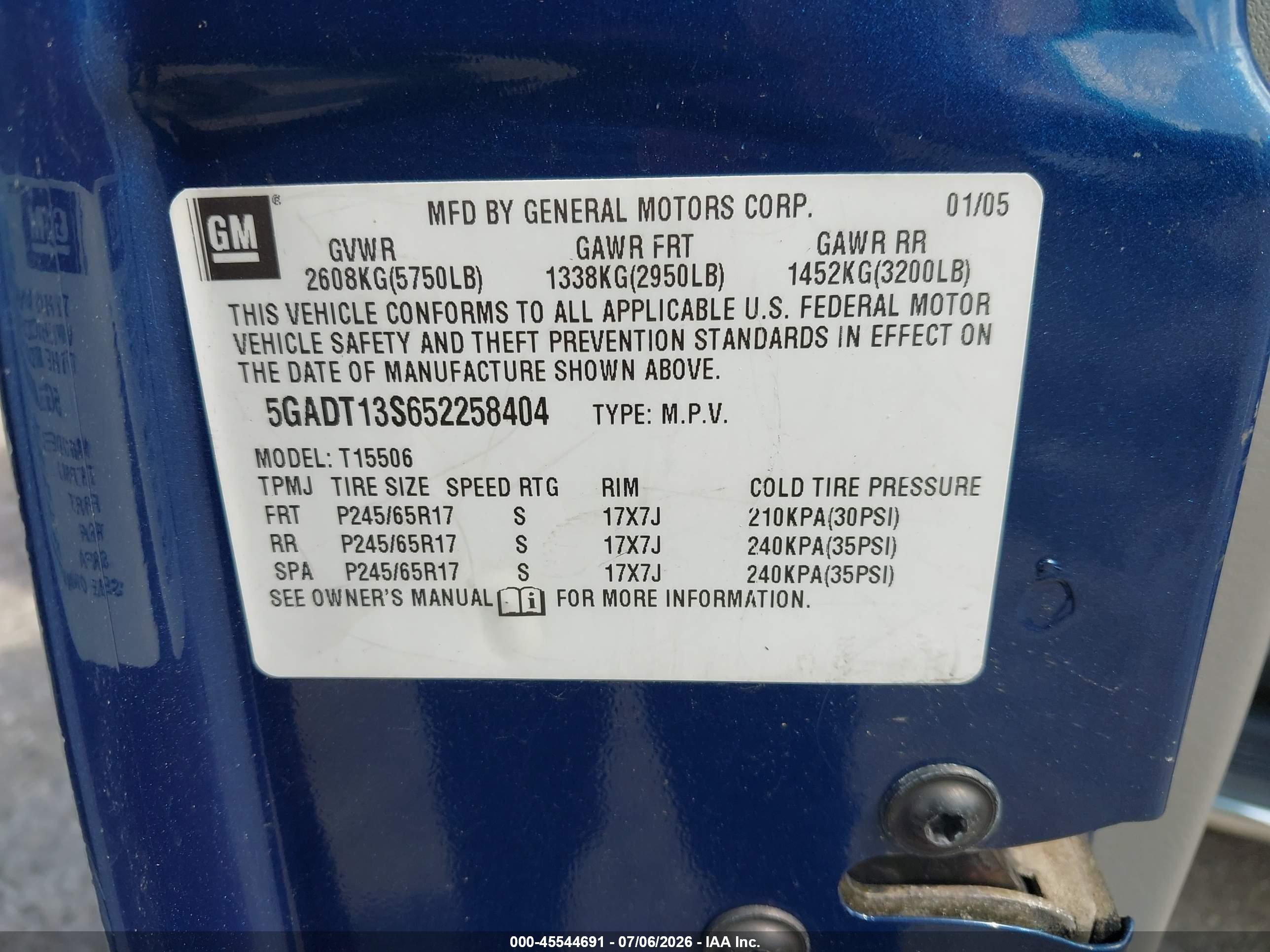 2005 Buick Rainier Cxl Blue vin: 5GADT13S652258404