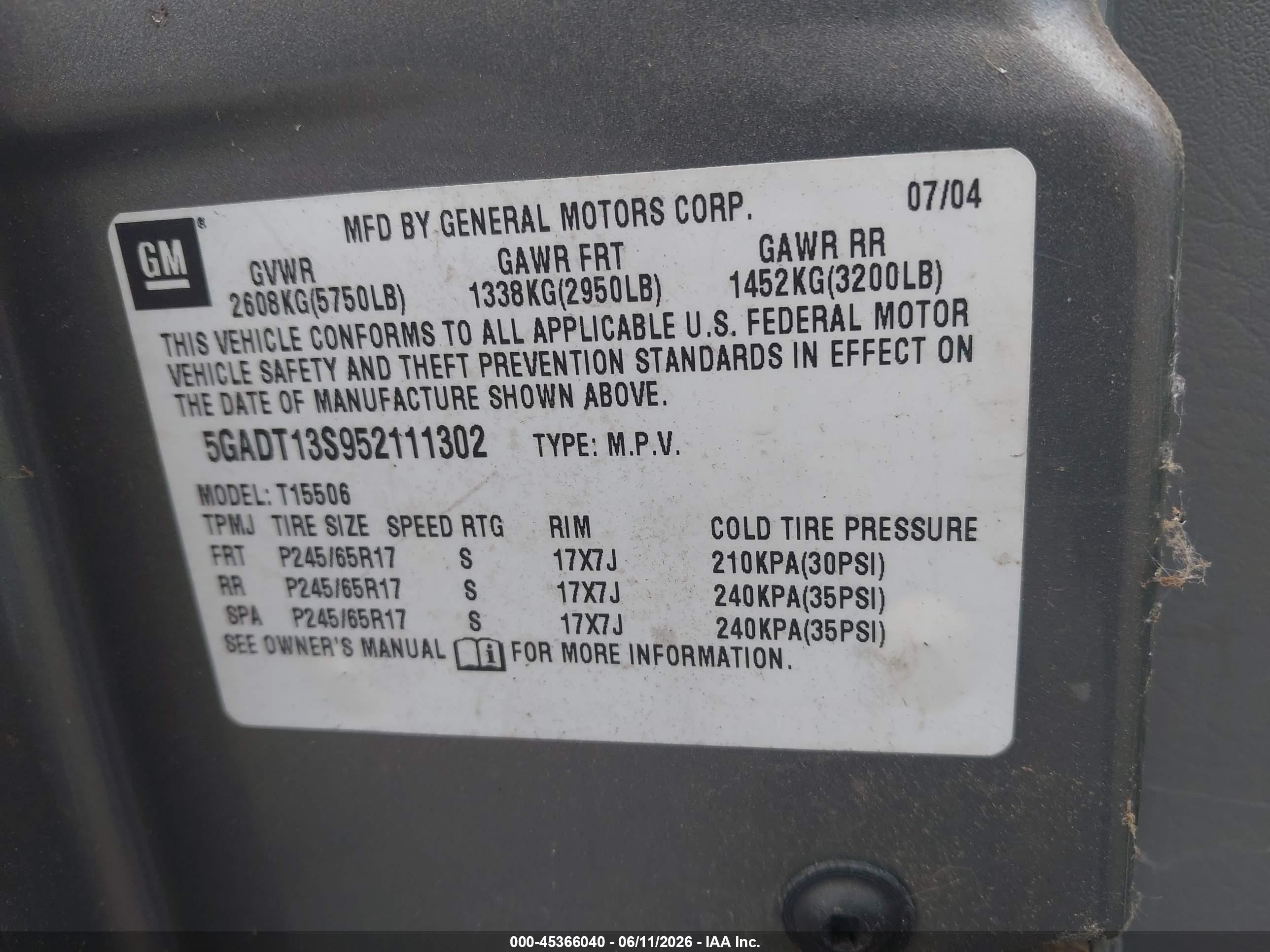 2005 Buick Rainier Cxl Gray vin: 5GADT13S952111302