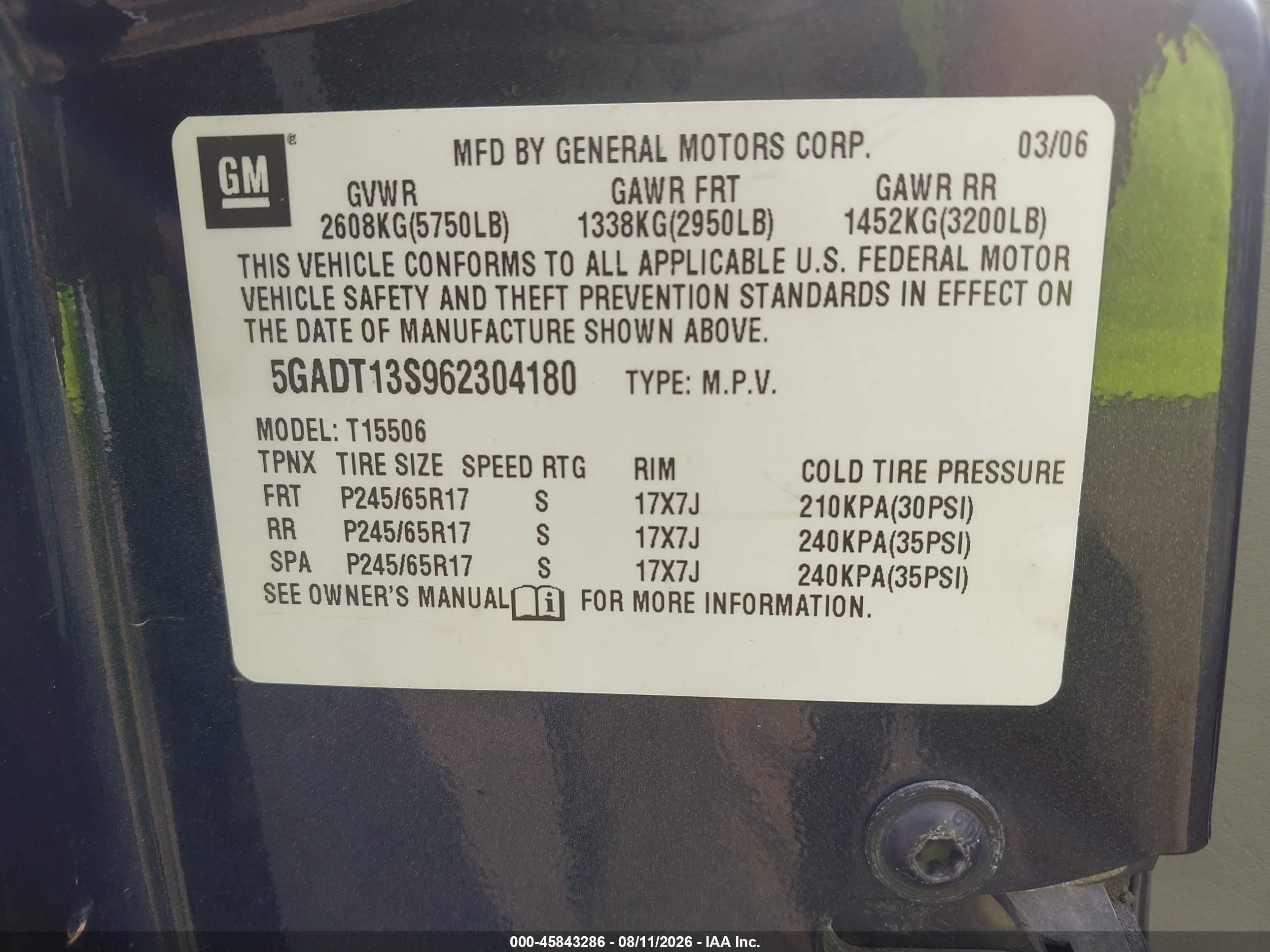 2006 Buick Rainier Cxl Green vin: 5GADT13S962304180