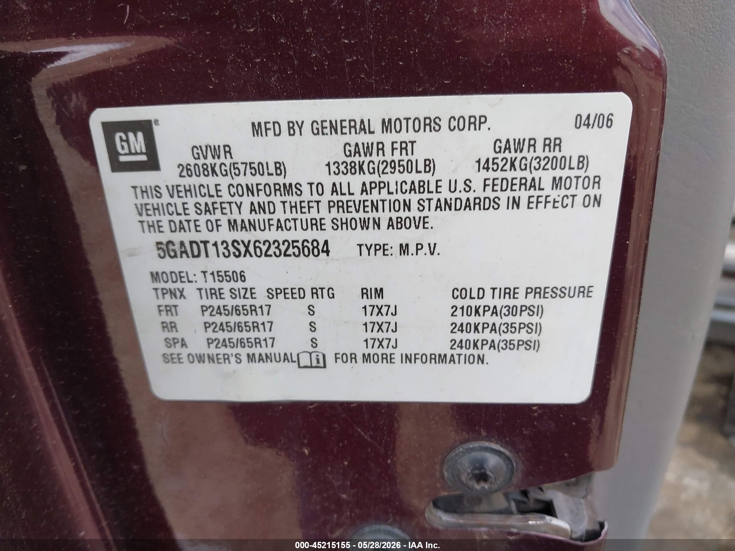 2006 Buick Rainier Cxl Maroon vin: 5GADT13SX62325684