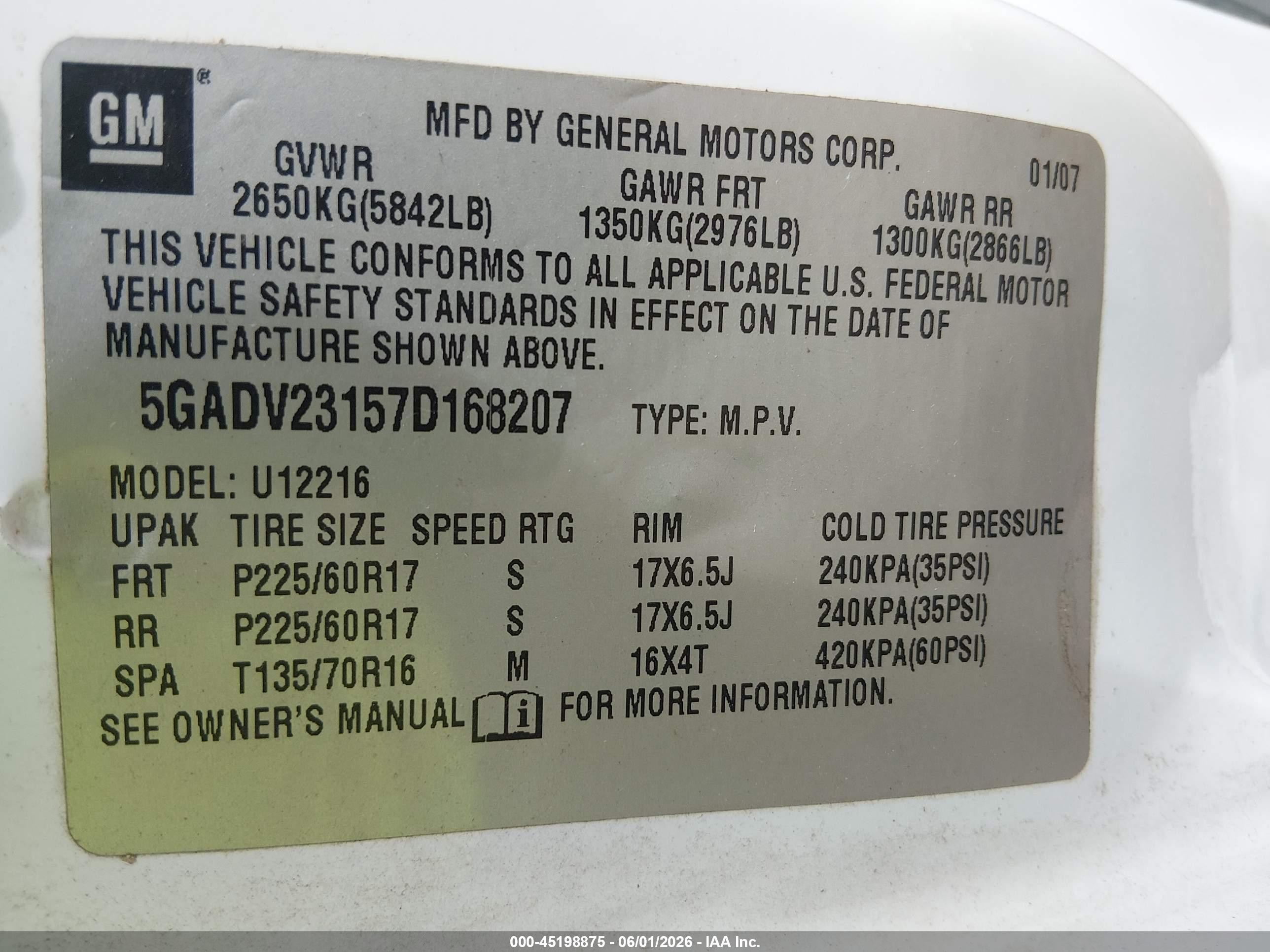 2007 Buick Terraza Cx Plus White vin: 5GADV23157D168207