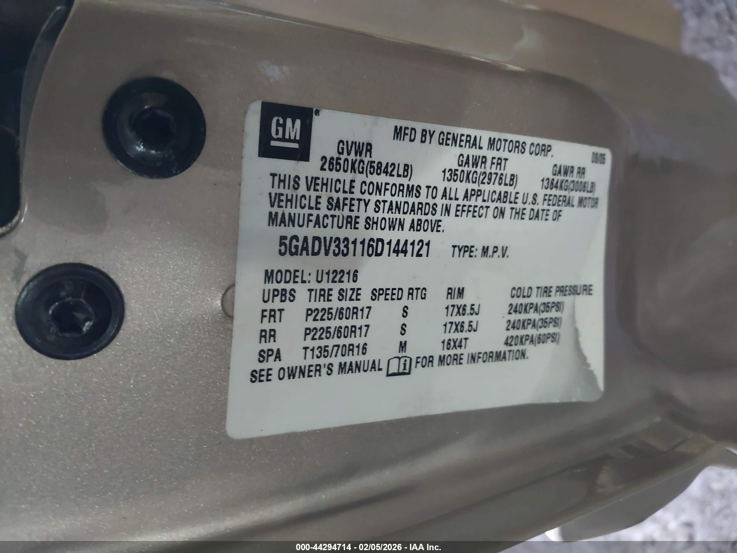 2006 Buick Terraza Cxl Бежевый vin: 5GADV33116D144121