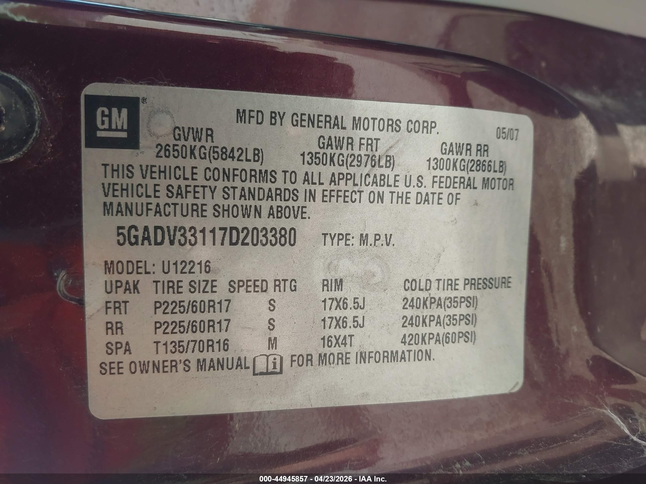 2007 Buick Terraza Cxl Burgundy vin: 5GADV33117D203380