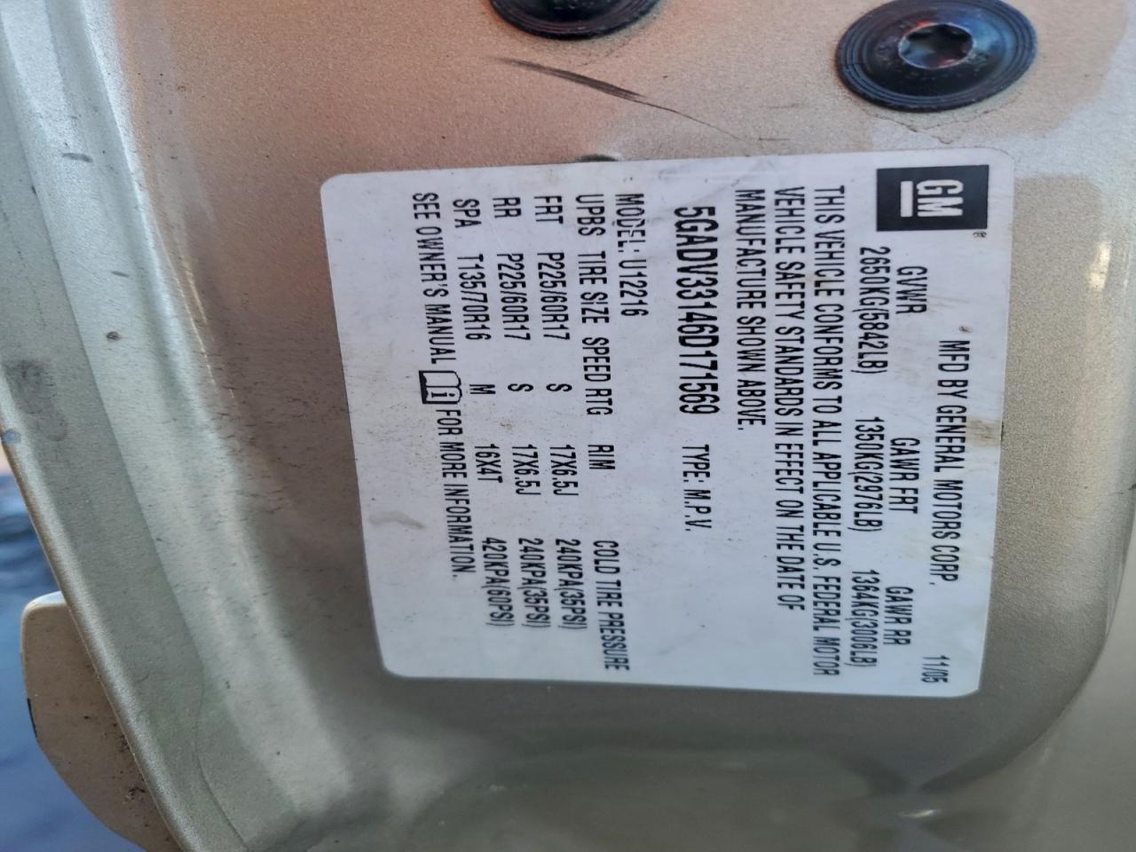 2006 Buick Terraza Cxl Золотой vin: 5GADV33146D171569