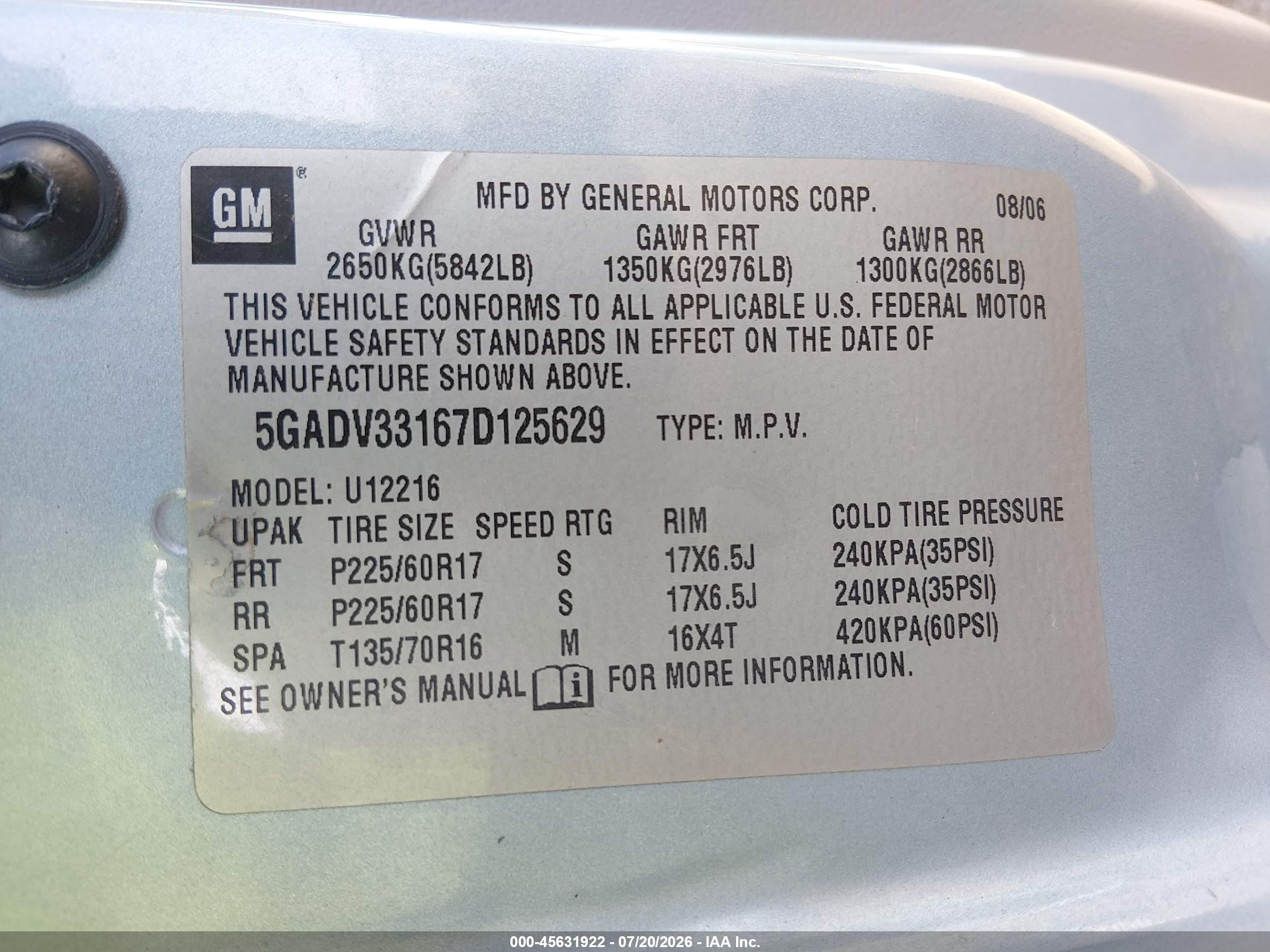 2007 Buick Terraza Cxl Blue vin: 5GADV33167D125629