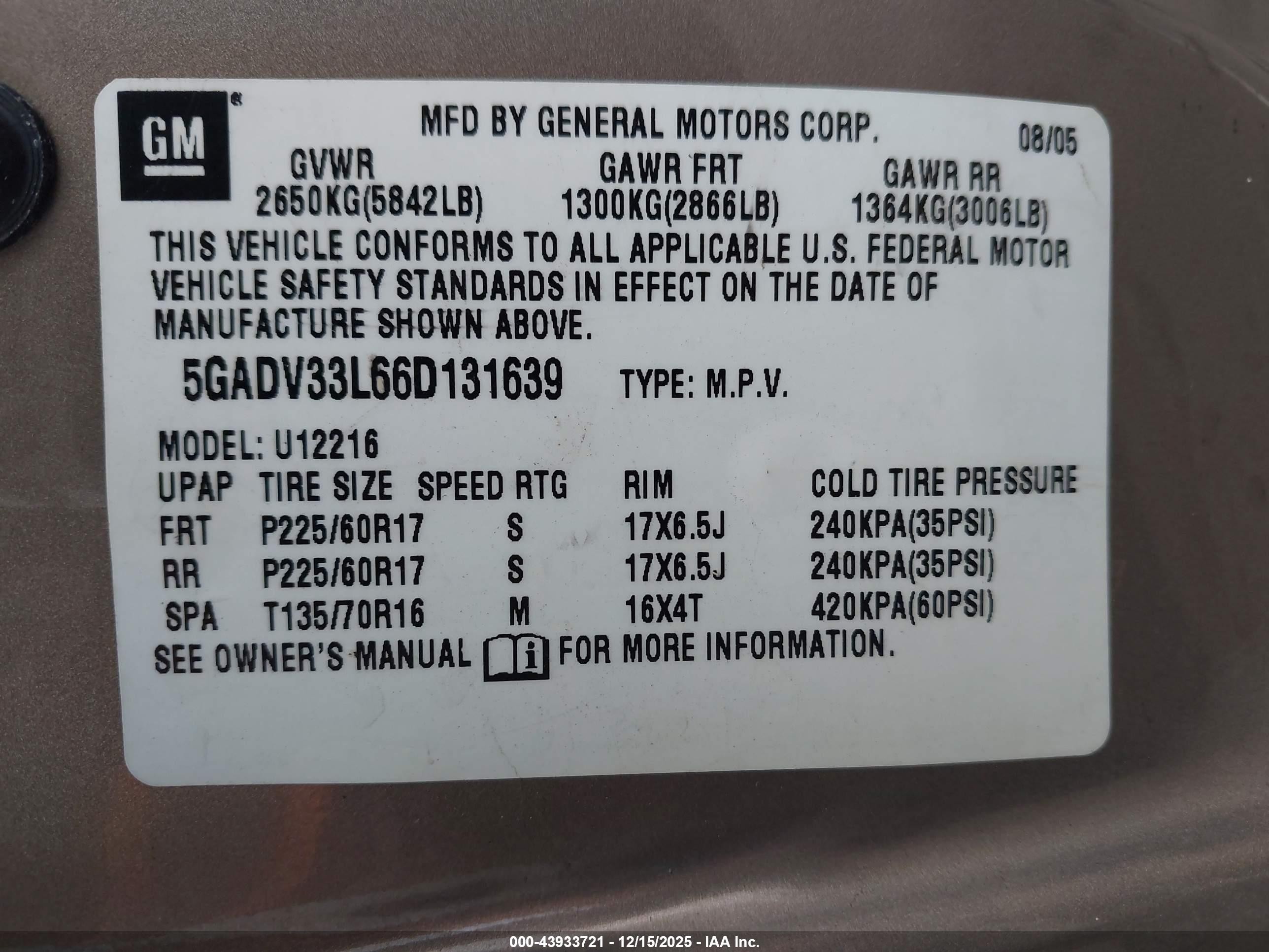 2006 Buick Terraza Cxl Brown vin: 5GADV33L66D131639