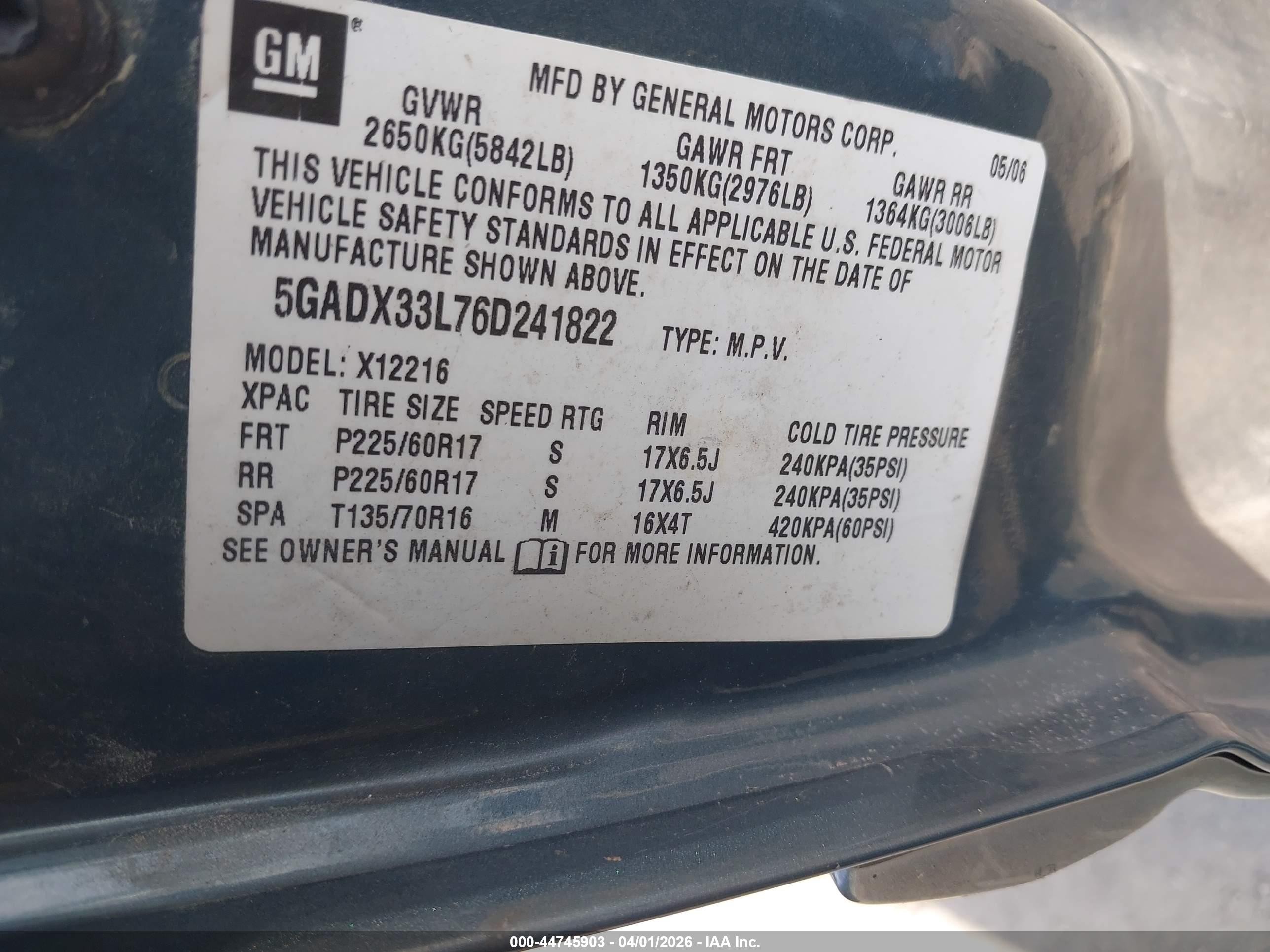 2006 Buick Terraza Cxl Light Blue vin: 5GADX33L76D241822