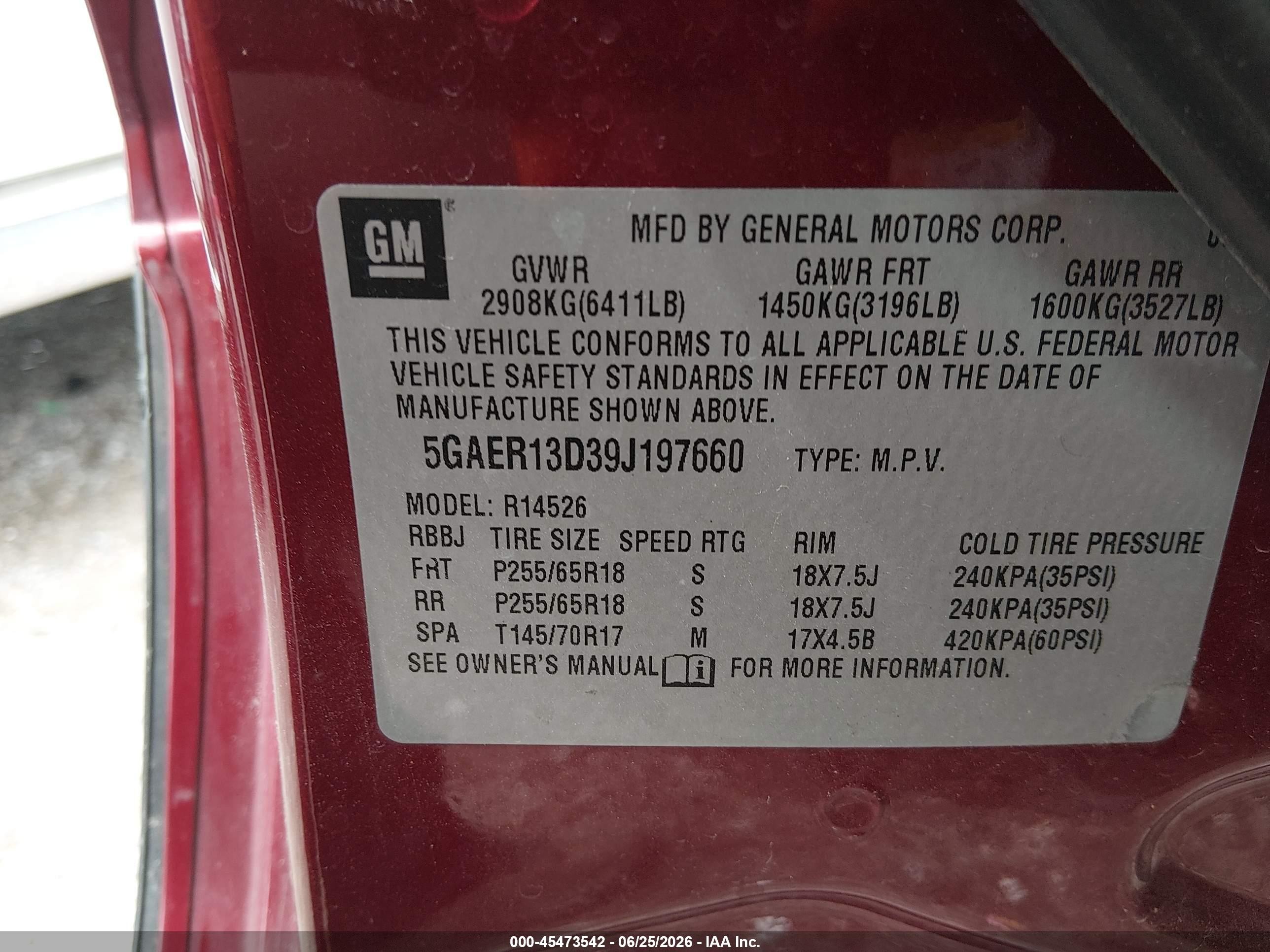 2009 Buick Enclave Cx Red vin: 5GAER13D39J197660