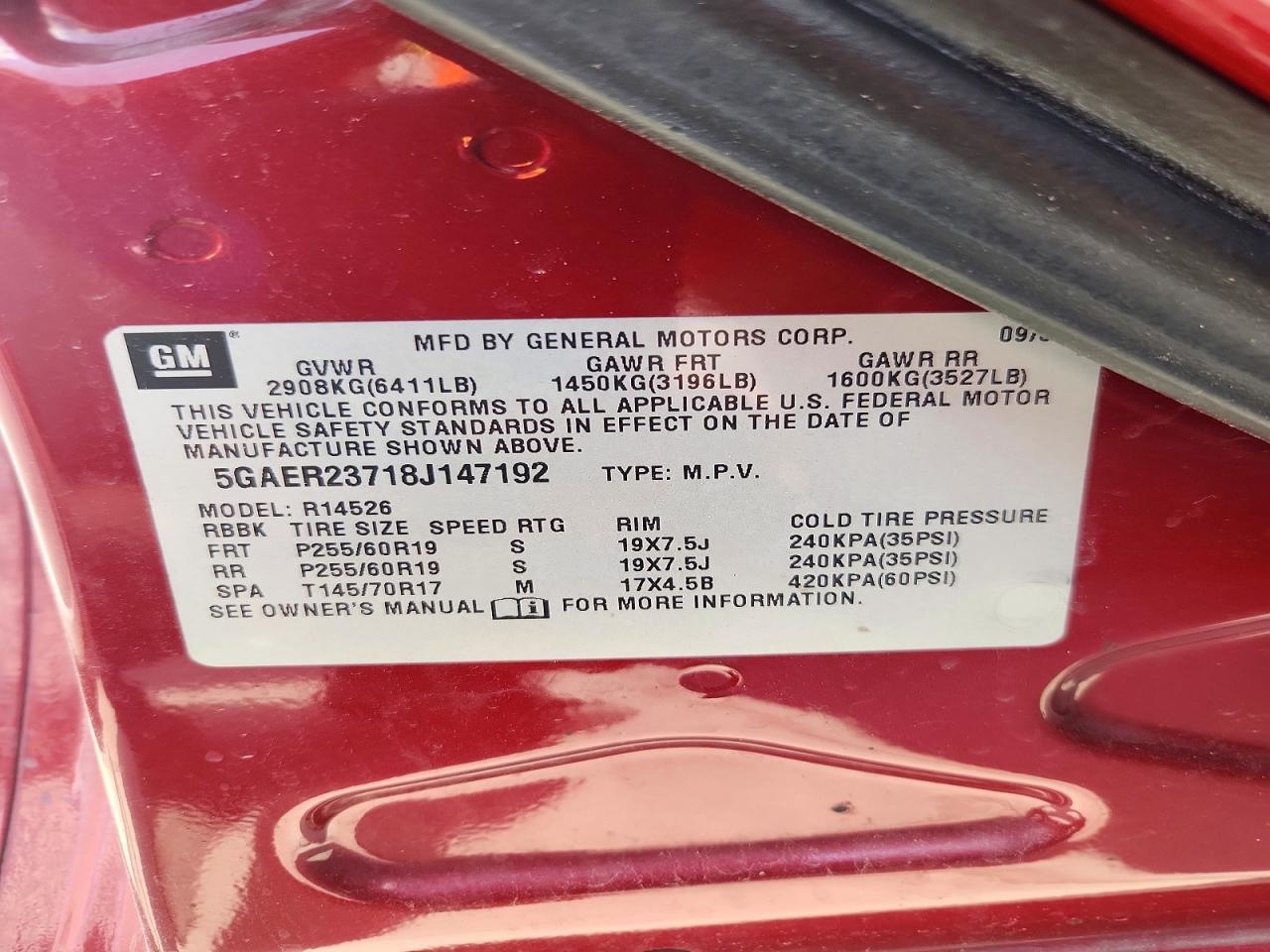 2008 Buick Enclave Cxl Red vin: 5GAER23718J147192