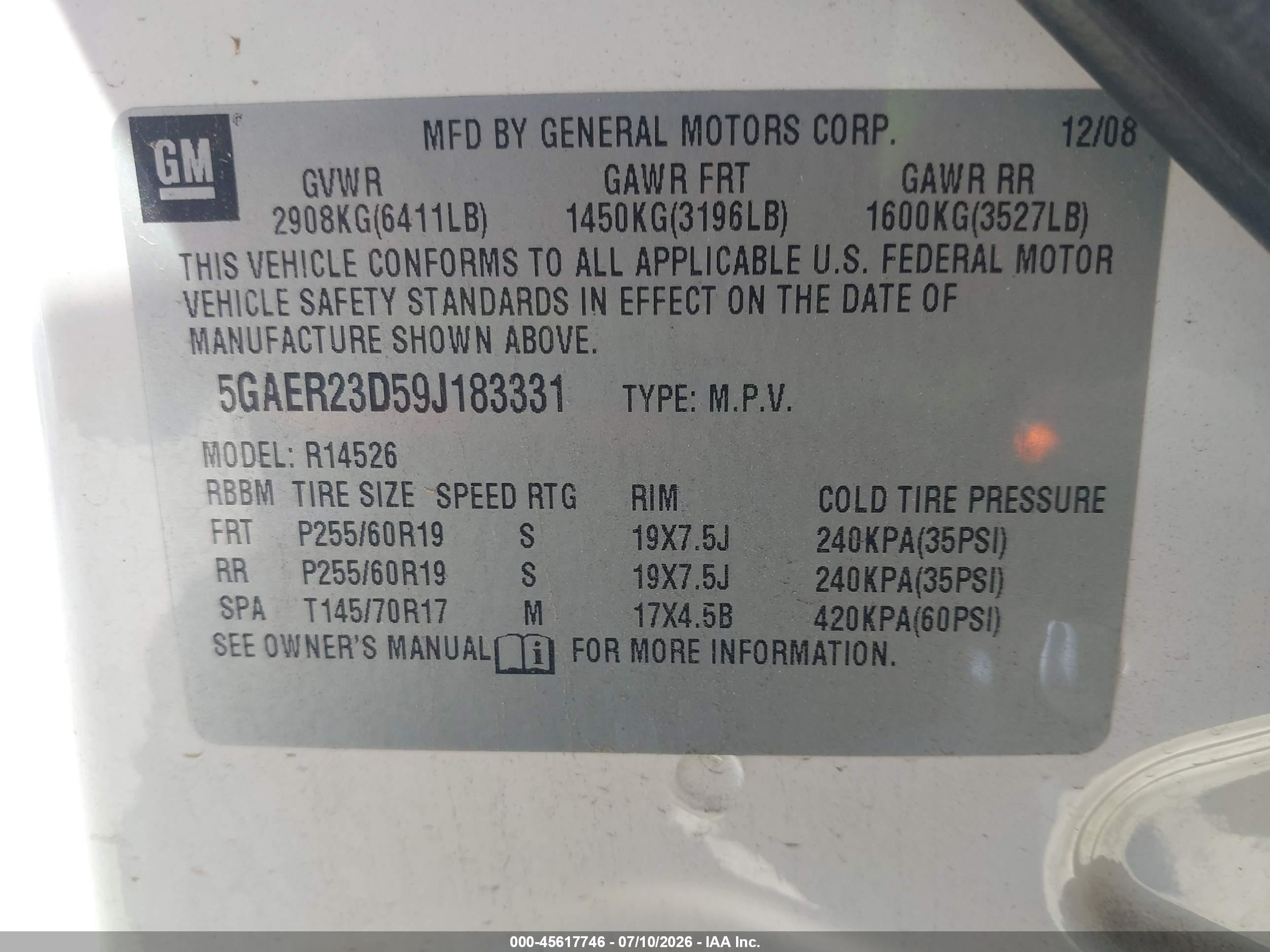 2009 Buick Enclave Cxl White vin: 5GAER23D59J183331